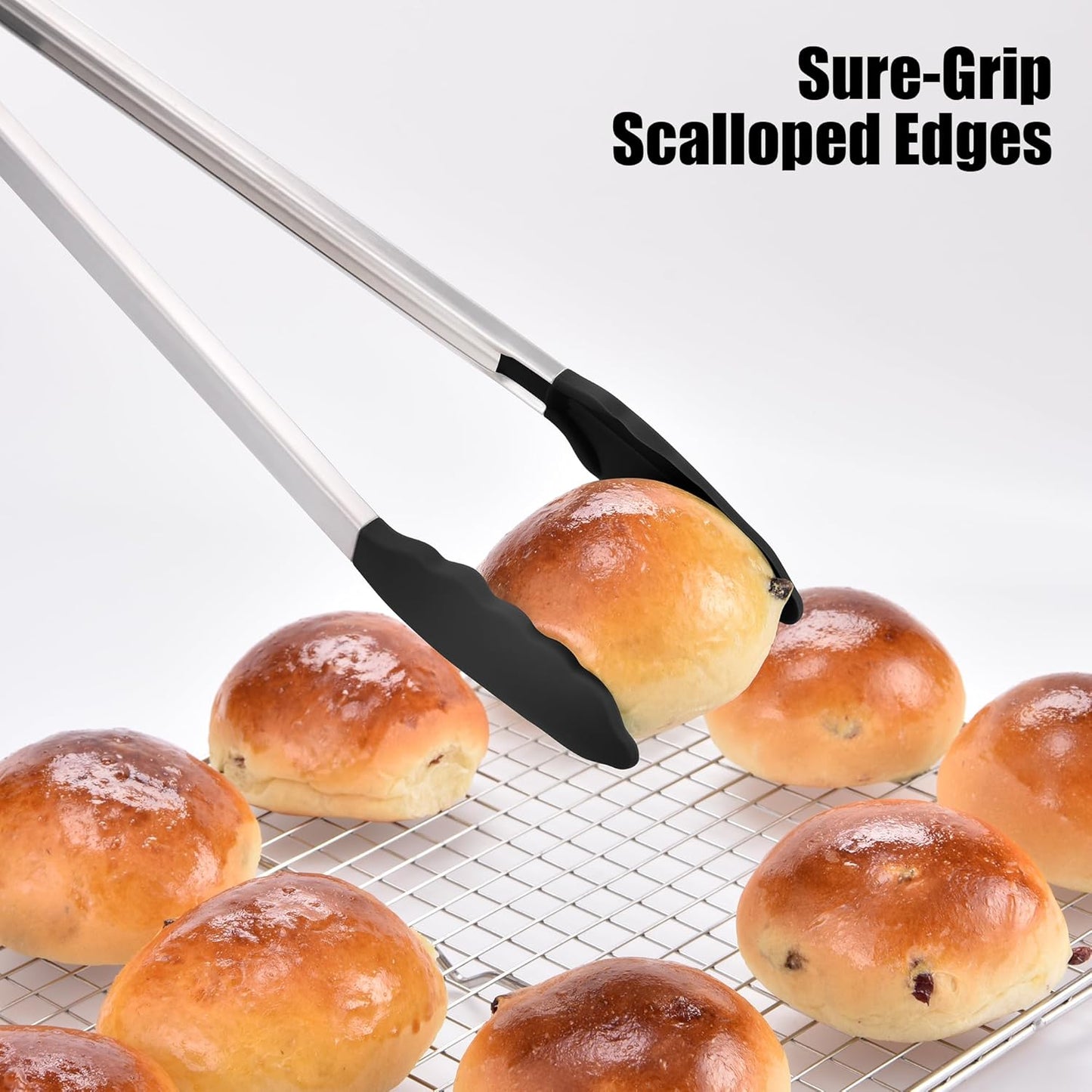 Doosu Kitchen Tongs for Cooking - 600°F Heat Resistant Food Tong with Non-Scratch Silicone Tips, Heavy Duty Stainless Steel Locking Tong for BBQ, Grilling Steak, Serving Salad, Pasta (16in, Black)