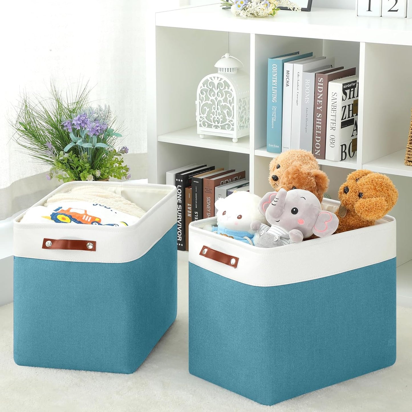 DULLEMELO Extra Large Storage Baskets, Fabric Storage Bins for Organizing Shelves Nursery Toys Books, Closet Baskets and Bins with Handles, White&Teal, 2-Pack