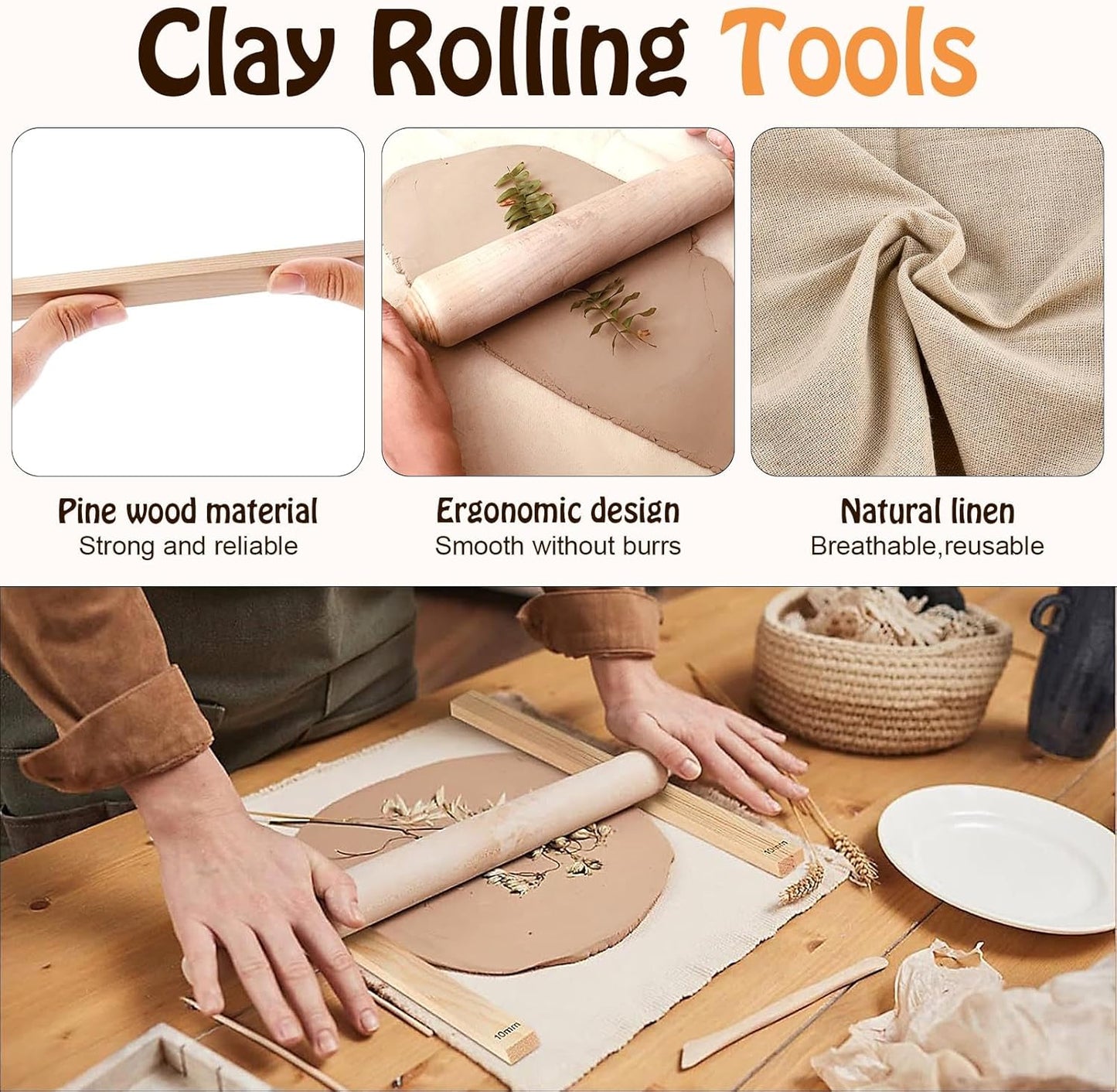 Akamino 20 Pcs Pottery Tools Include 1 Wood Rolling Pin,1 Portable Pottery Linen Tablecloth, 10 Pcs 5 Size Teaching Rolling Mud Stick Guide, 8 Clay Sculpting Tools for Manual Self Ceramic Clay Making