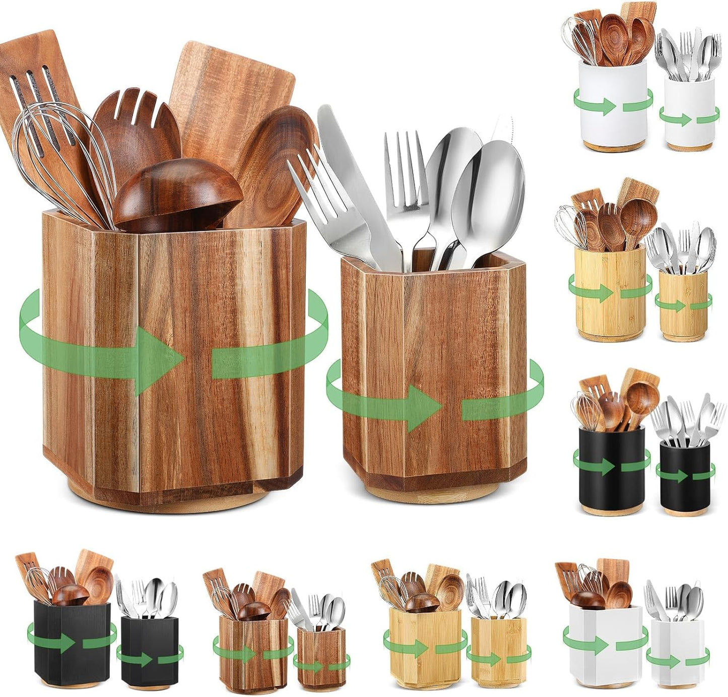 2 Pack Wooden Utensil Holder, 360°Rotating Kitchen Cooking Utensil Crock, Spoon Spatula Holder for Kitchen Counter, Farmhouse Countertop Organizer(Acacia,Square)