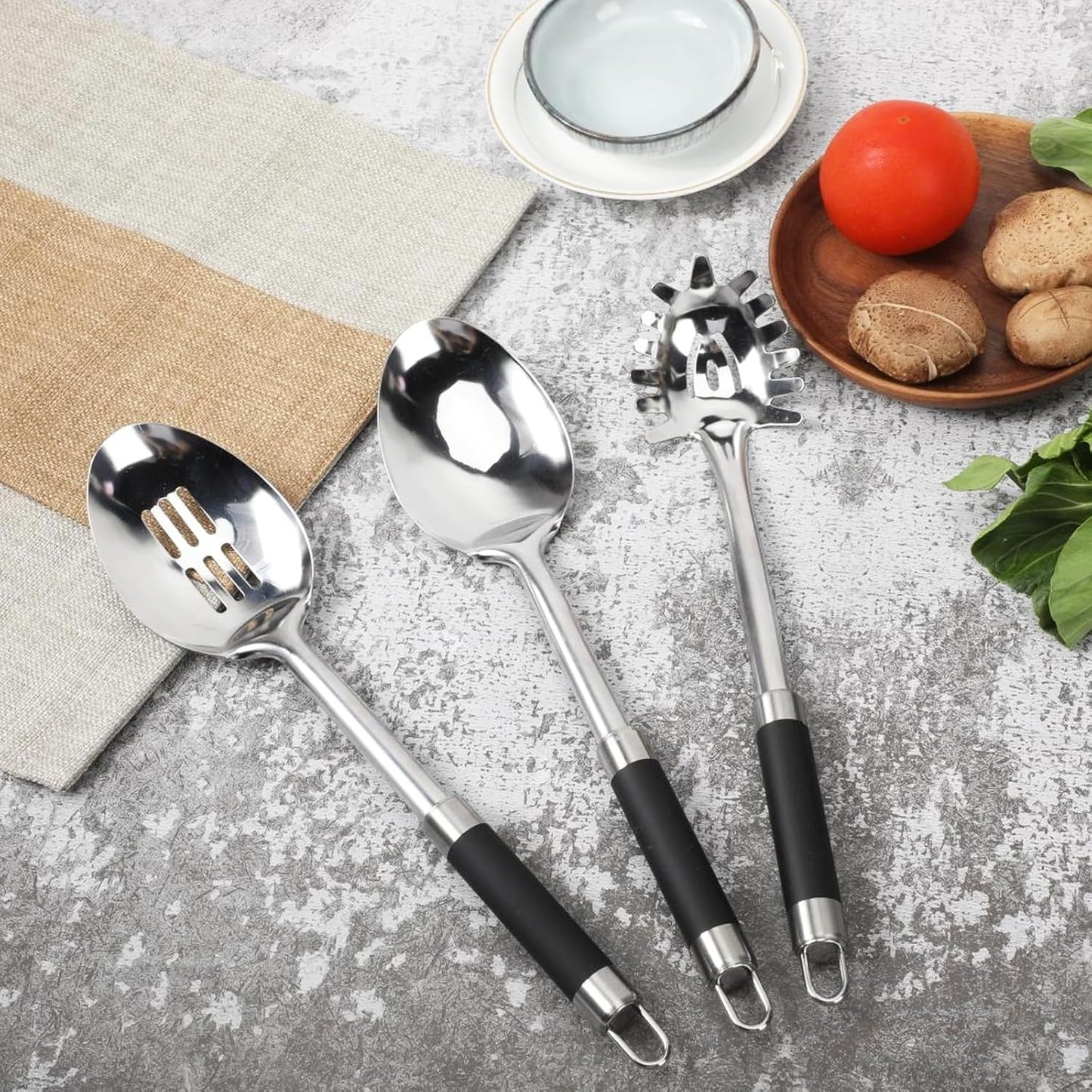 3-Piece,Stainless Steel Serving spoons set with Slotted Spoon, Serving Spoon and Spaghetti Spoon, kitchen cooking serving utensils set cooking spoon.