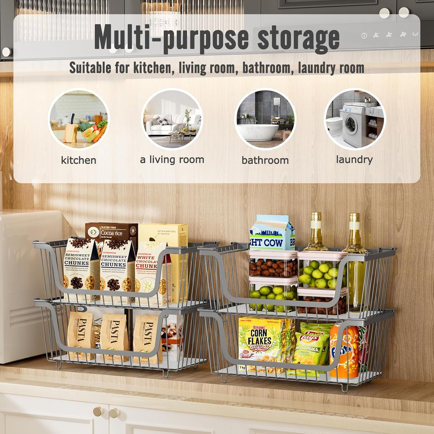 4 Pcs Stackable Wire Baskets for Pantry Organizers and Storage,Vegetable Fruit Basket for Countertop,Kitchen Storage Metal Baskets,Produce Potato Onion Storage Bin,Gray