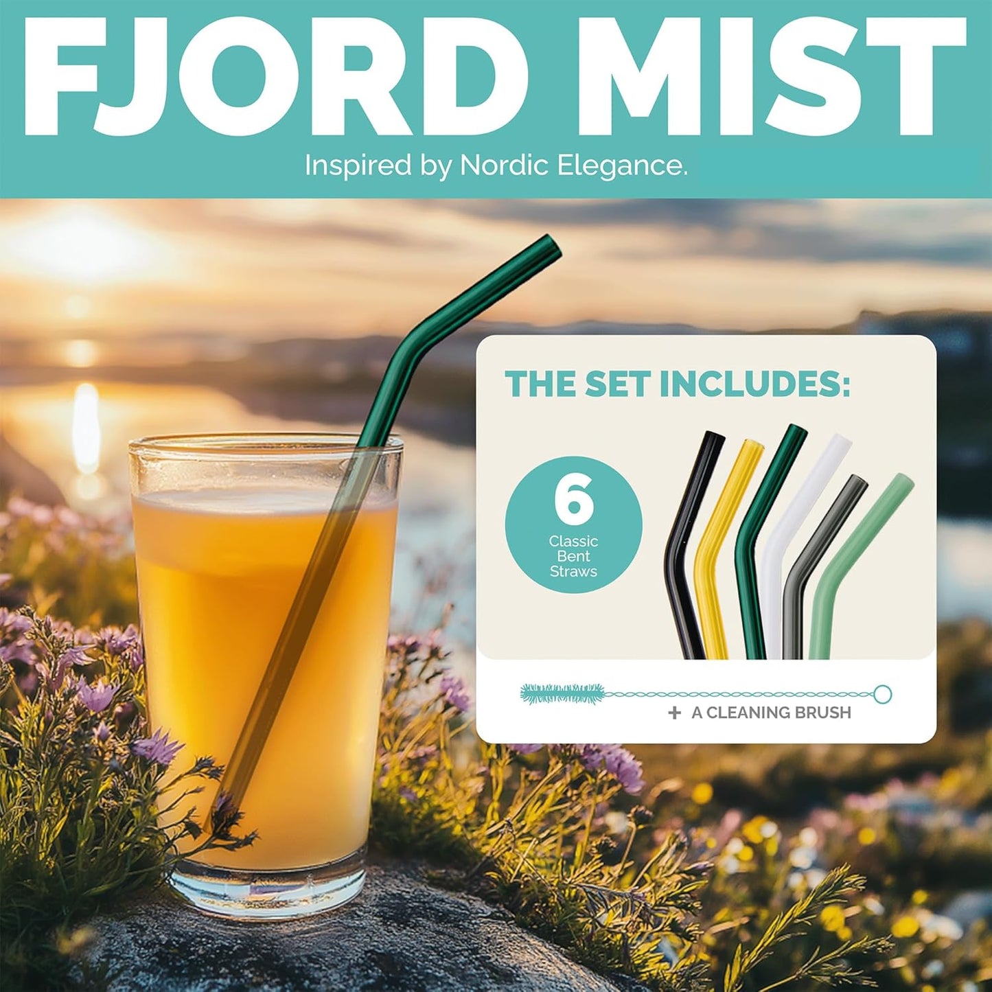 Simply Straws 8 Inch Glass Straws Bent (6-Pack) – Reusable Glass Straws for Pints & Juice Drinkware, with Cleaning Brush – Dishwasher Safe, Hot & Cold Use, BPA-Free (Fjord Mist)
