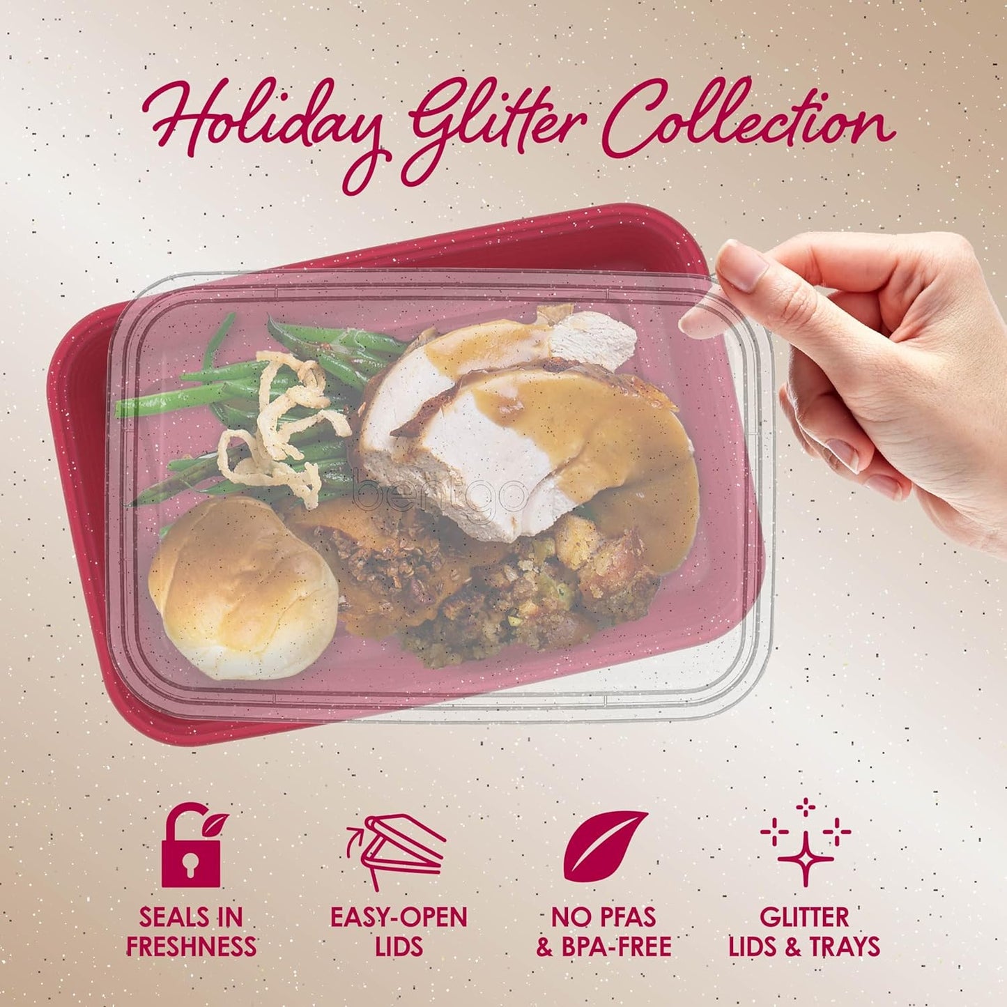 Bentgo Prep 60-Piece Holiday Food Storage Set - 1-Compartment Meal Prep Containers, 4-Cup Capacity, Reusable, Durable, PFAS & BPA-Free, Microwave/Freezer/Dishwasher Safe (Holiday Glitter Collection)