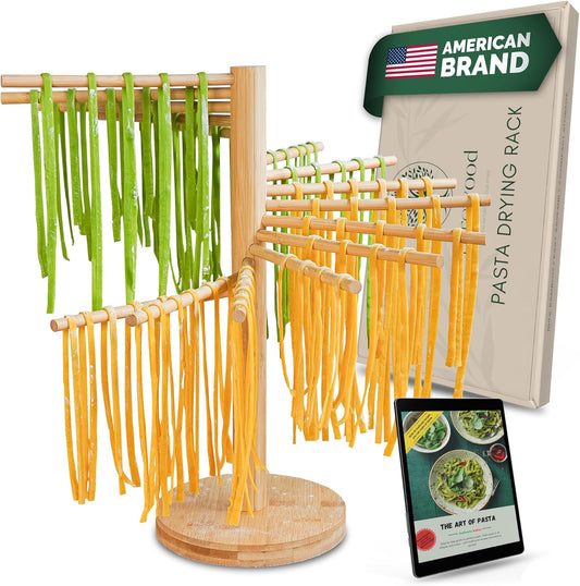 Purewood Premium Collapsible Pasta Drying Rack, Wooden Noodle Dryer Stand for Fresh Pasta, Pasta Maker Accessory, 100% Natural Bamboo, Bonus Recipe Book Included, Space-Saving Large Capacity