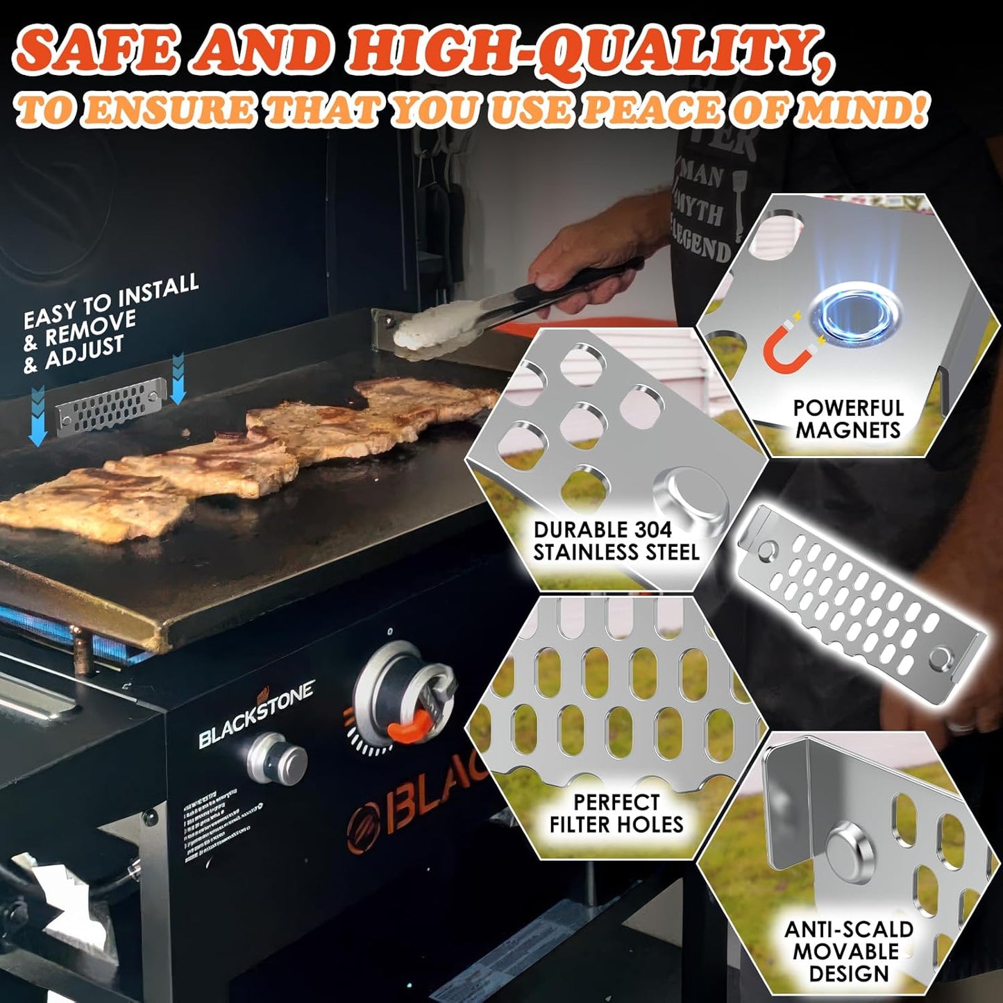 Griddle Accessories of Blackstone Grease Gate Blocker,Grease Gate for Blackstone Griddle,Block Food from Falling into Rear Grease Trap,Movable&Magnetic,Stainless Steel&Heat-Resistant,Rust-Proof(2PCS）