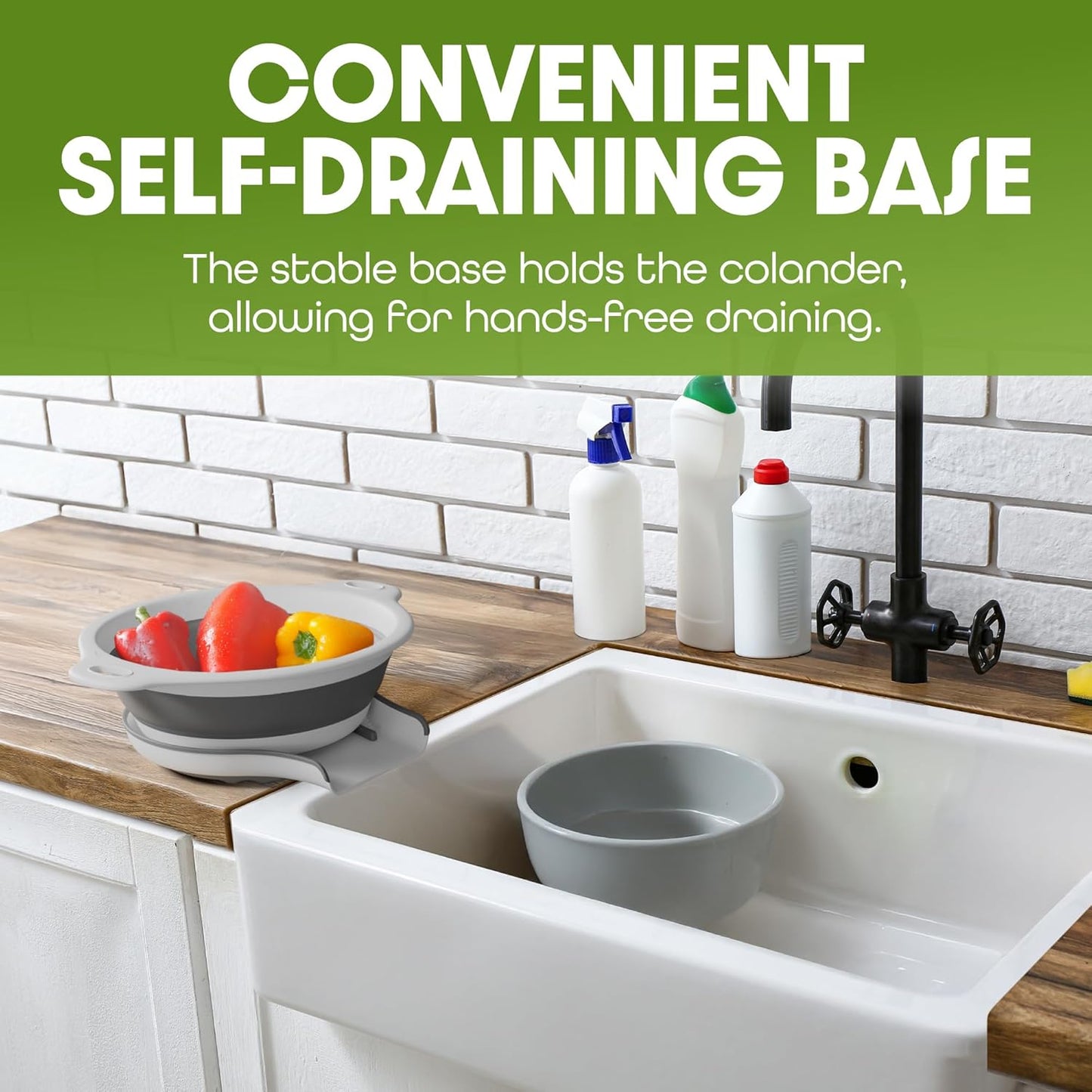 Collapsible Colander Strainer, Includes Over-sink Countertop Draining Base (5QT) Large Kitchen Drainer for Vegetables Fruit and Pasta, Round Foldable Draining Basket, Easy Storage (White)