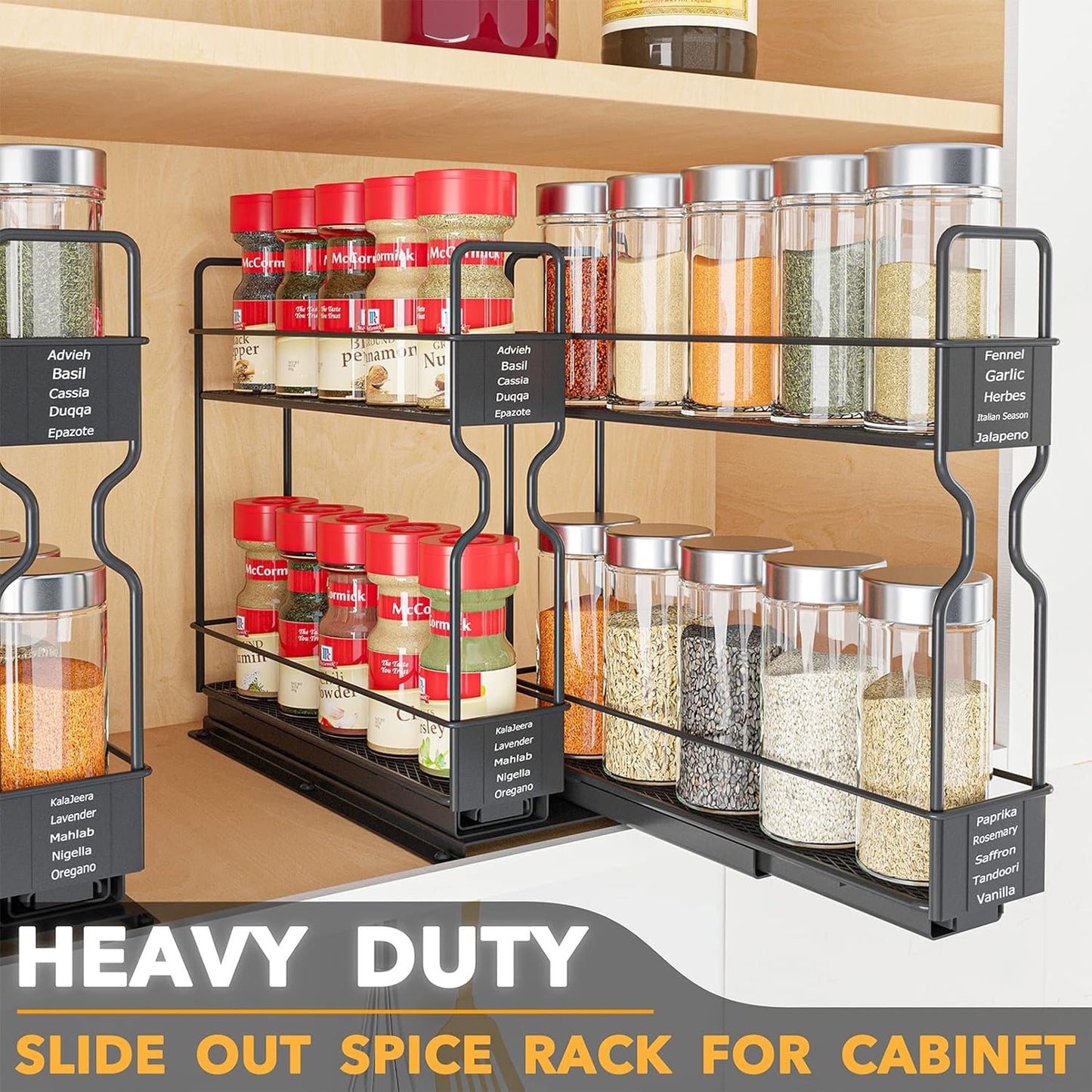 SpaceAid Pull Out Spice Rack Organizer for Cabinet, Heavy Duty Slide Out Seasoning Kitchen Organizer, Cabinet Organizer, with Labels, 5.2" W x10.75 D x10 H, 2 Drawers 2-Tier