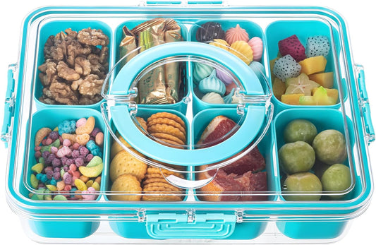 Divided Serving Tray with Lid and Handle - Snackle Box Charcuterie Container for Portable Snack Platters Organizer for Candy, Fruits, Nuts, Snacks - Perfect for Party, Entertaining, Lake blue