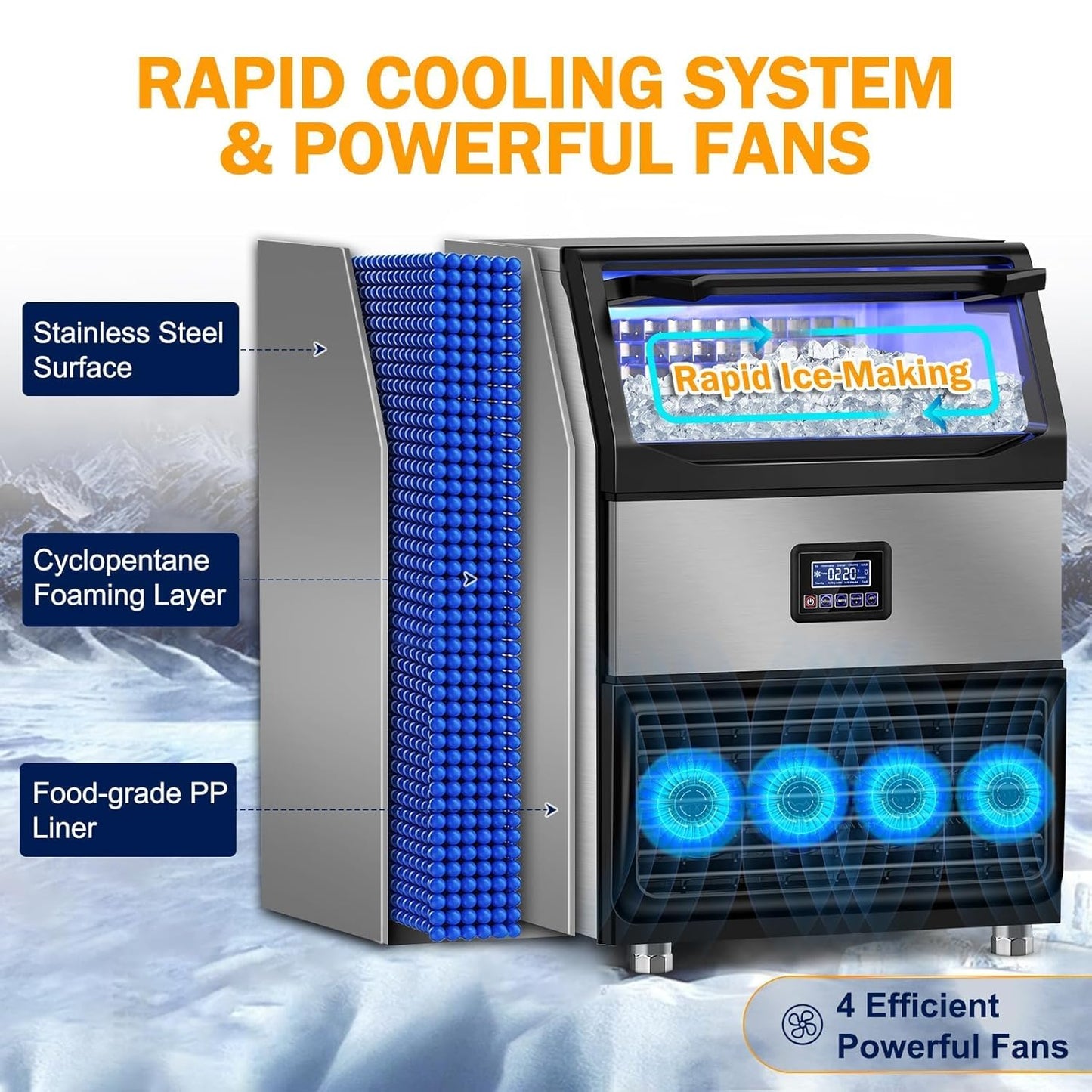 Ice Maker Machine Commercial, 240Lbs/24H with 75Lbs Storage Bin, 80Pcs Ice Cubes 8Mins, Freestanding Large Ice Machine with Water Filter and Ice Scoop for Restaurant Bar Home Office