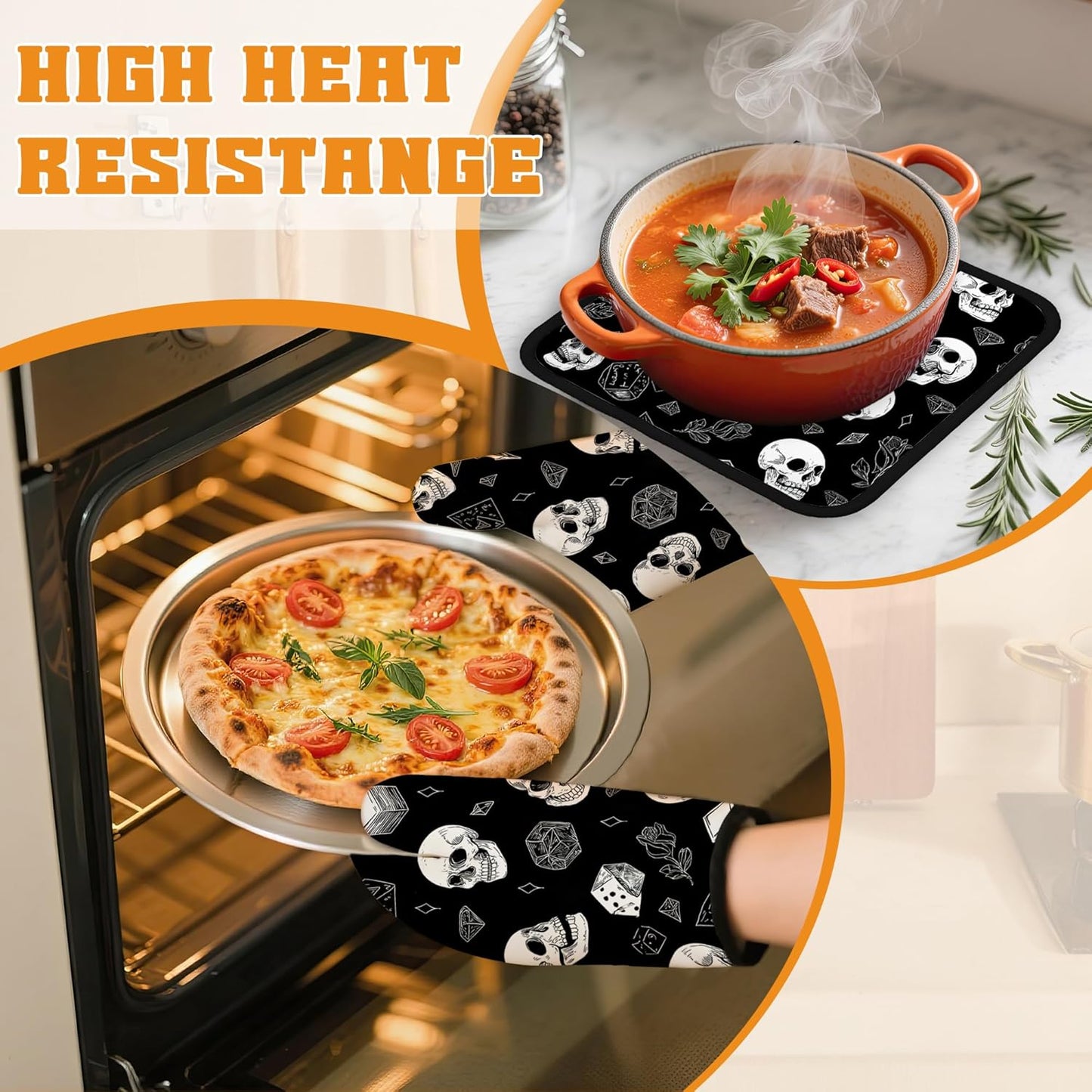 Skull Head Oven Mitts and Pot Holders, Rose Heat Resistant Oven Mitts Gloves and Pot Holder for Home Kitchen Decorations Cooking Baking BBQ Gifts,Set of 4