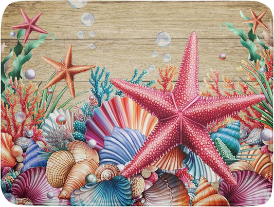 Summer Beach Dish Drying Mat - Seashells Starfish Absorbent Drying Matt Kitchen Counter for Home Decor