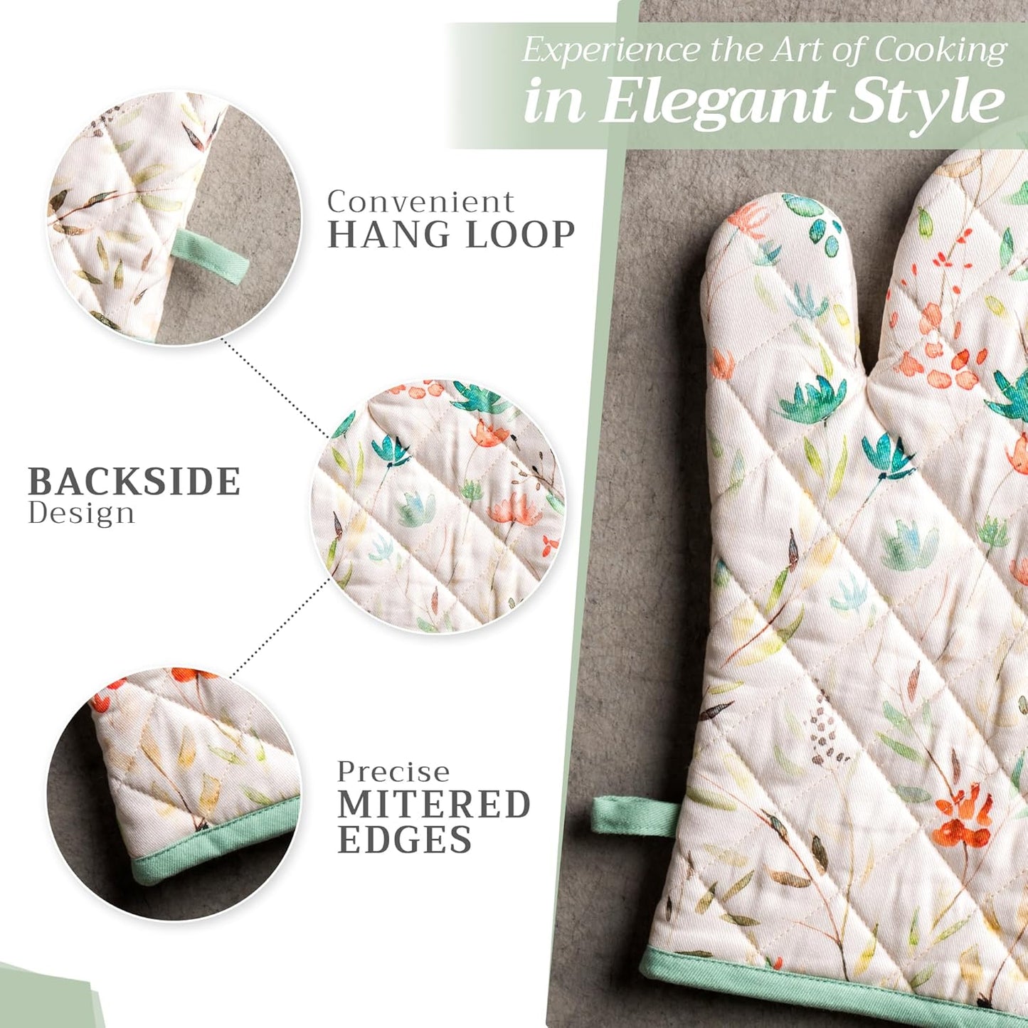 Maison d' Hermine 100% Cotton Oven Mitt & Pot Holder Set (7.5"x13" & 8"x8") Heat Resistant BBQ Cooking Gloves with Loop, Baking, Grilling, Kitchen, Handling Hot Pans Spring/Summer (Colmar)