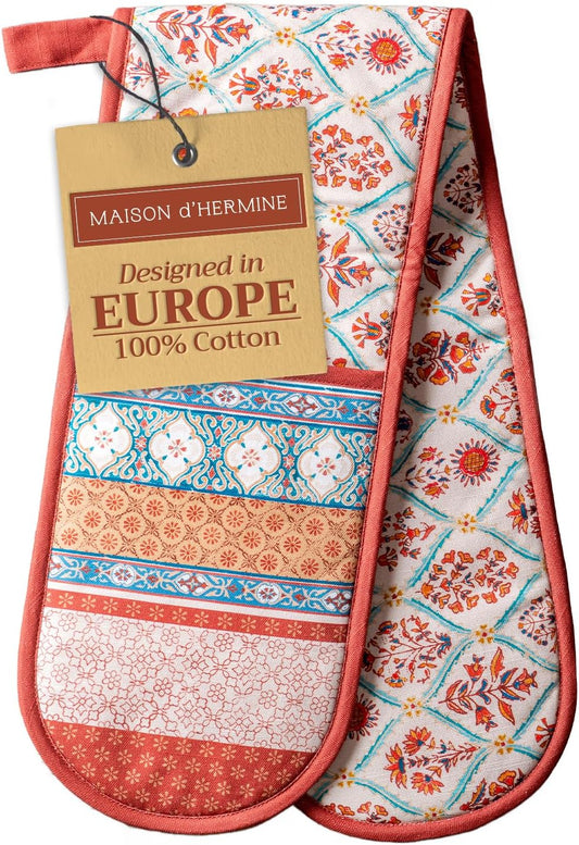 Maison d' Hermine Double Oven Mitts 100% Cotton 7"x35" Double Oven Mitt Heat Resistant BBQ Cooking Gloves with Loop, Baking, Grilling, Home, Kitchen, Handling Hot Pans (Romane)