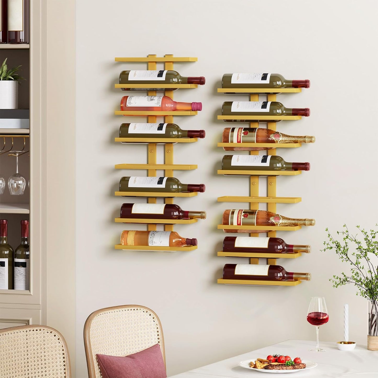 Hoctieon 2-Set 8 Tier Wall Mount Wine Rack (16 Tiers), Wall Racks for Wine Bottles Display and Storage, Hanging Bottle Organizer for Living Room, Dining Room, Wine Cellar, Bar, Gold