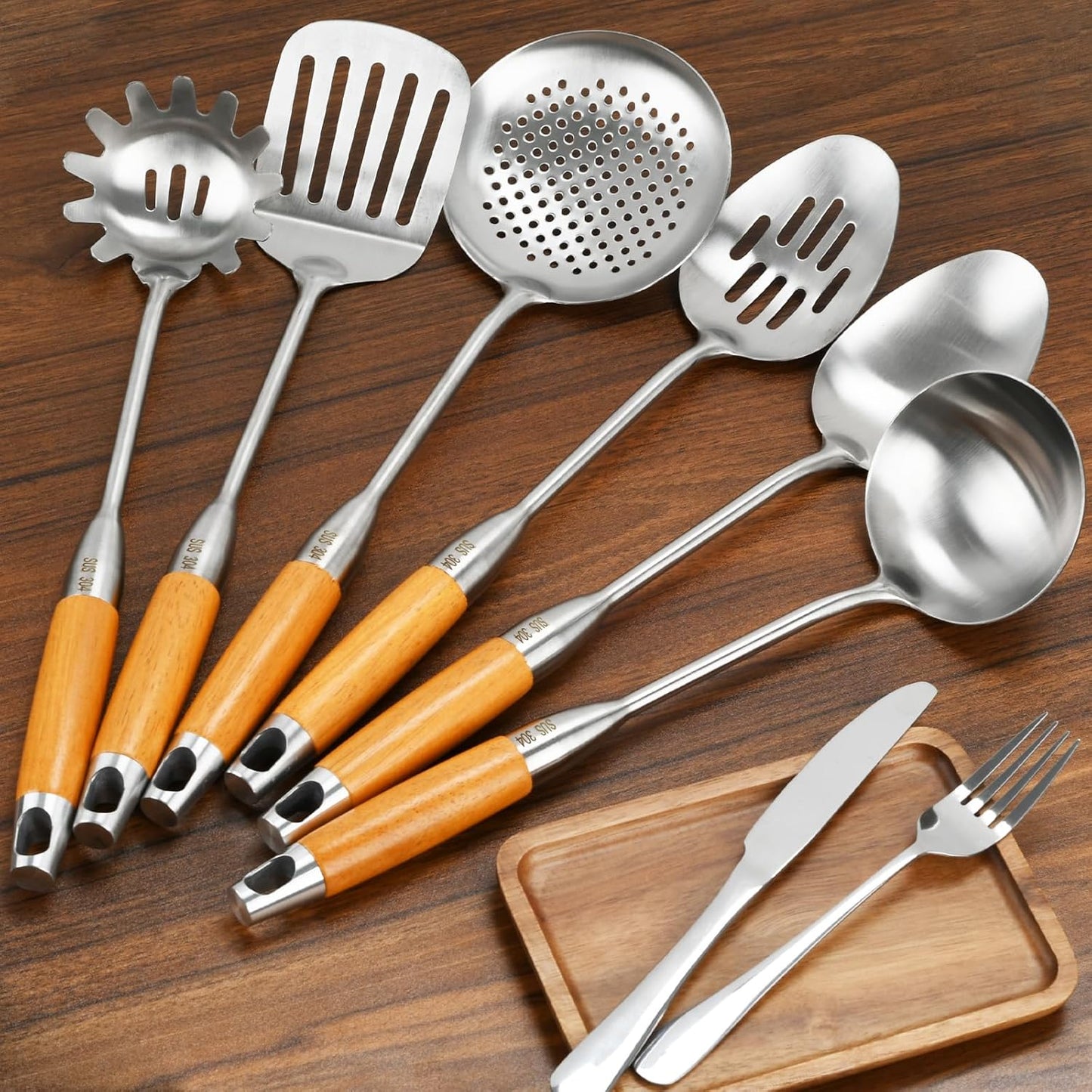 18/8 Stainless Steel Kitchen Utensils Set with Wood Handle, 6 Pcs 15 inch Cooking Utensils Tools, Turner, Ladle, Spoons & Pasta Server