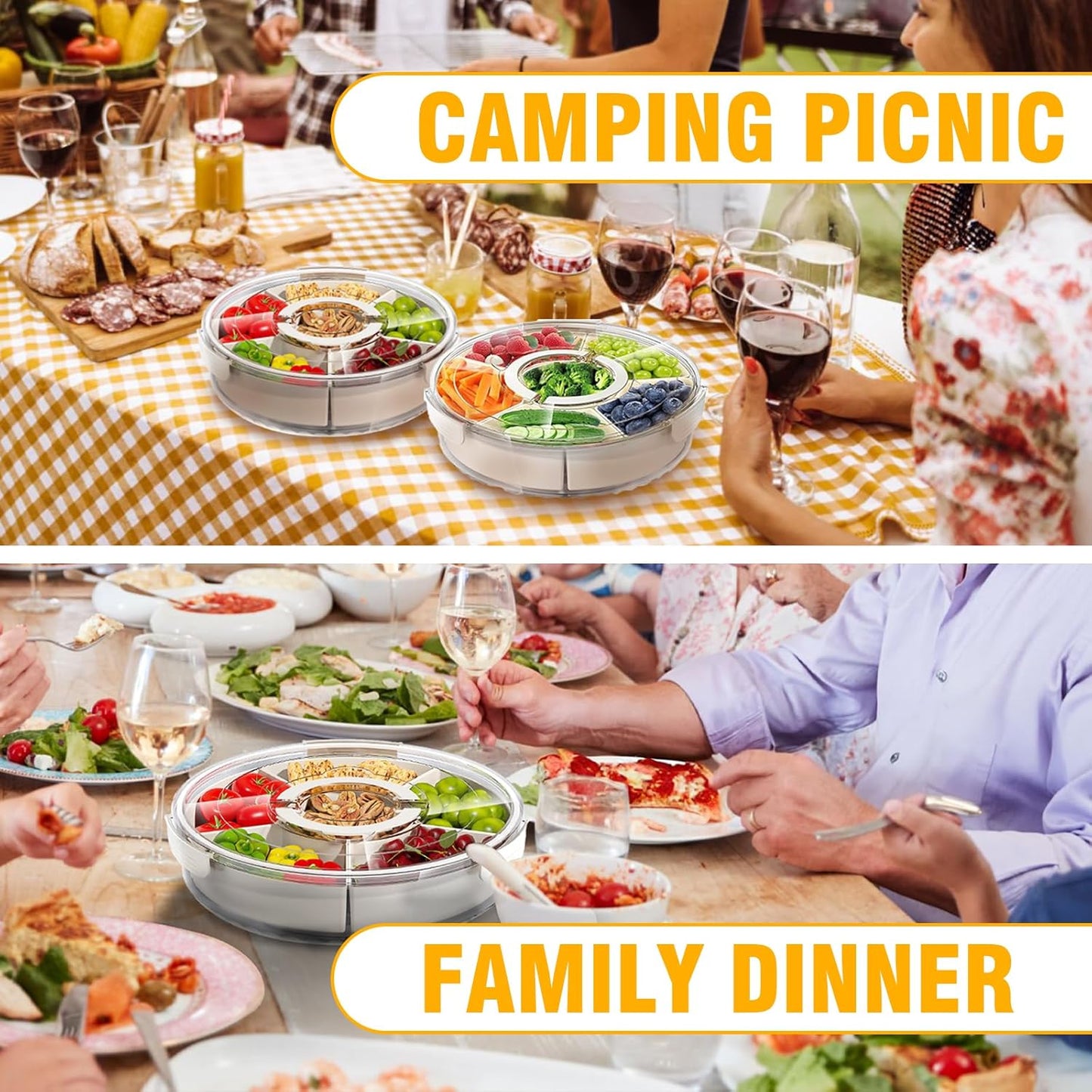 Divided Rotating Serving Tray with Lid & Handle, Portable Snack Spinner for Fruits, Veggies, Charcuterie, Party, Travel, Picnic, and Fridge Storage