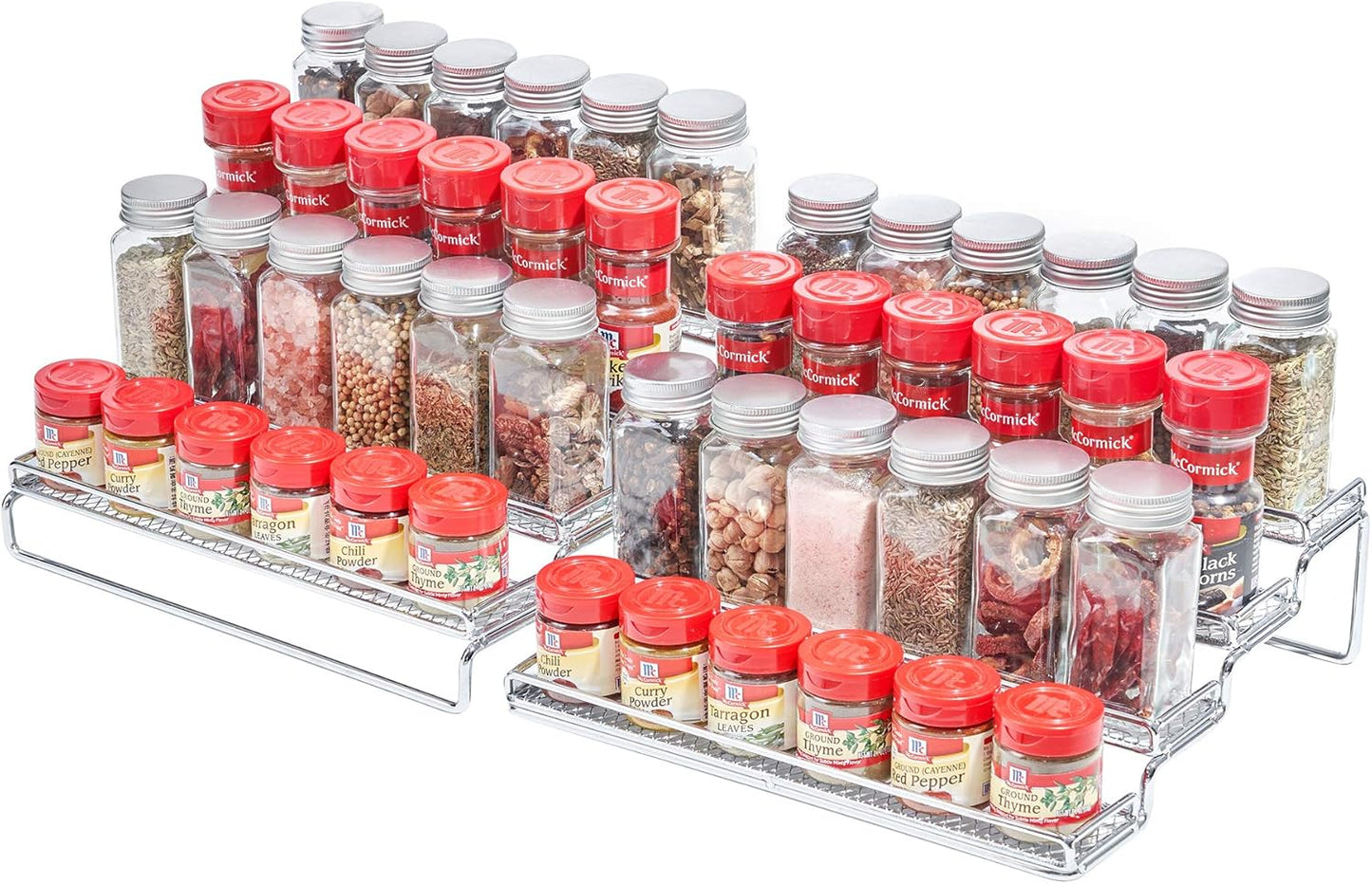 GONGSHI Spice Rack Organizer for Cabinet, 4 Tier Seasoning Organizer, Expandable Shelf,Step Storage Holder, Kitchen Cabinet Countertop,with Protection Railing, Metal (Chrome2 PC)