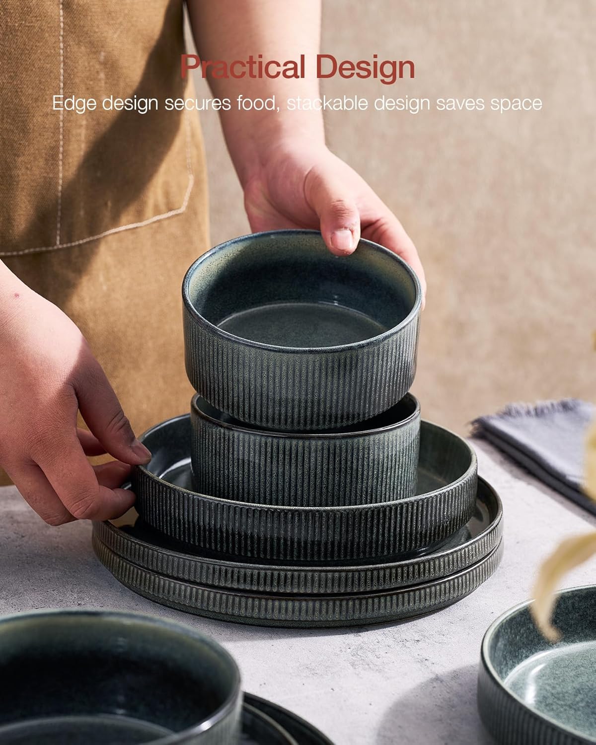 Famiware Star Dinnerware Set, Plates and Bowls Sets for 6 (18pcs), Ribbed Stoneware Dishes - Chip & Scratch Resistant, Microwave & Dishwasher Safe Kitchenware, Deep Forest