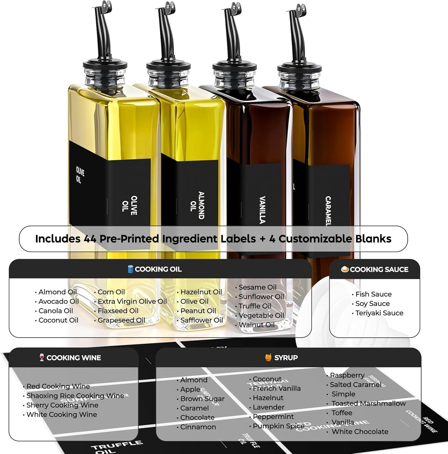 Olive Oil Dispenser Bottle - Includes 44 Kitchen Essential Labels - Cooking Oil Bottles for Kitchen, Coffee Syrup Dispenser - Pourer Spout with 11.8 fl oz Glass Container Cruet - 4pcs, Black