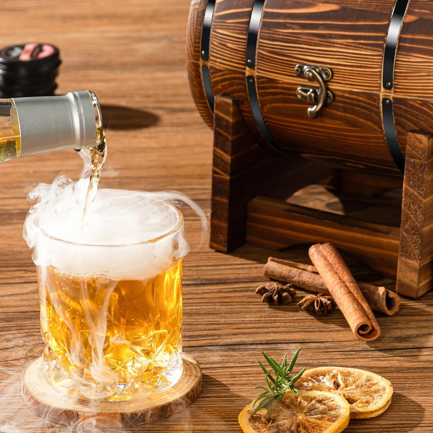 Whiskey Smoker Kit with Charred Wood Barrel (Patent Pending) – Cocktail Smoker with Torch & 6 Premium Wood Chips for Old Fashioned & Whiskey – Perfect Home Bar Gift for Men, Dad, Husband (No Butane)