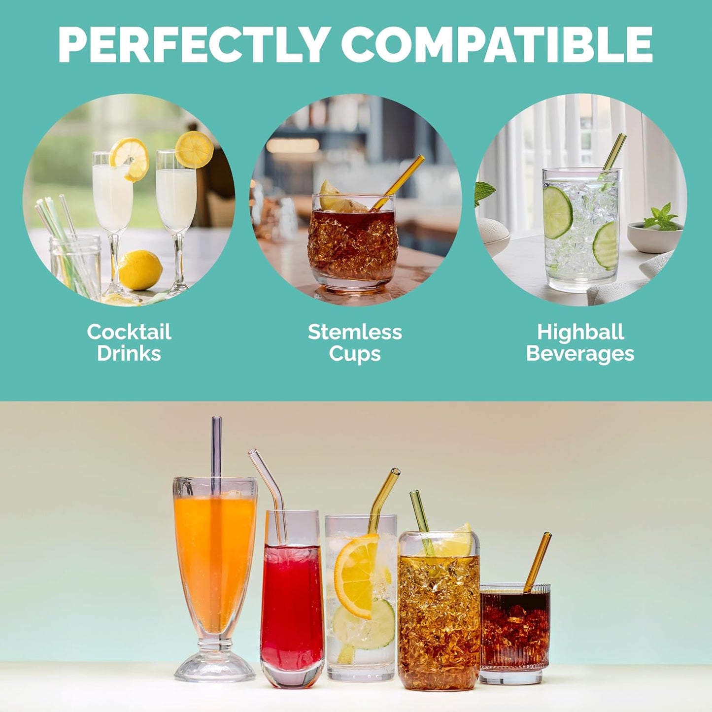 Simply Straws 6 Inch Skinny Glass Straws (6-Pack) - Reusable Cocktail Straws for Mixed Drinks, Low Balls, Coffee & Tea, with Cleaning Brush – Dishwasher Safe, Hot & Cold Use, BPA-Free (Sea Glass)