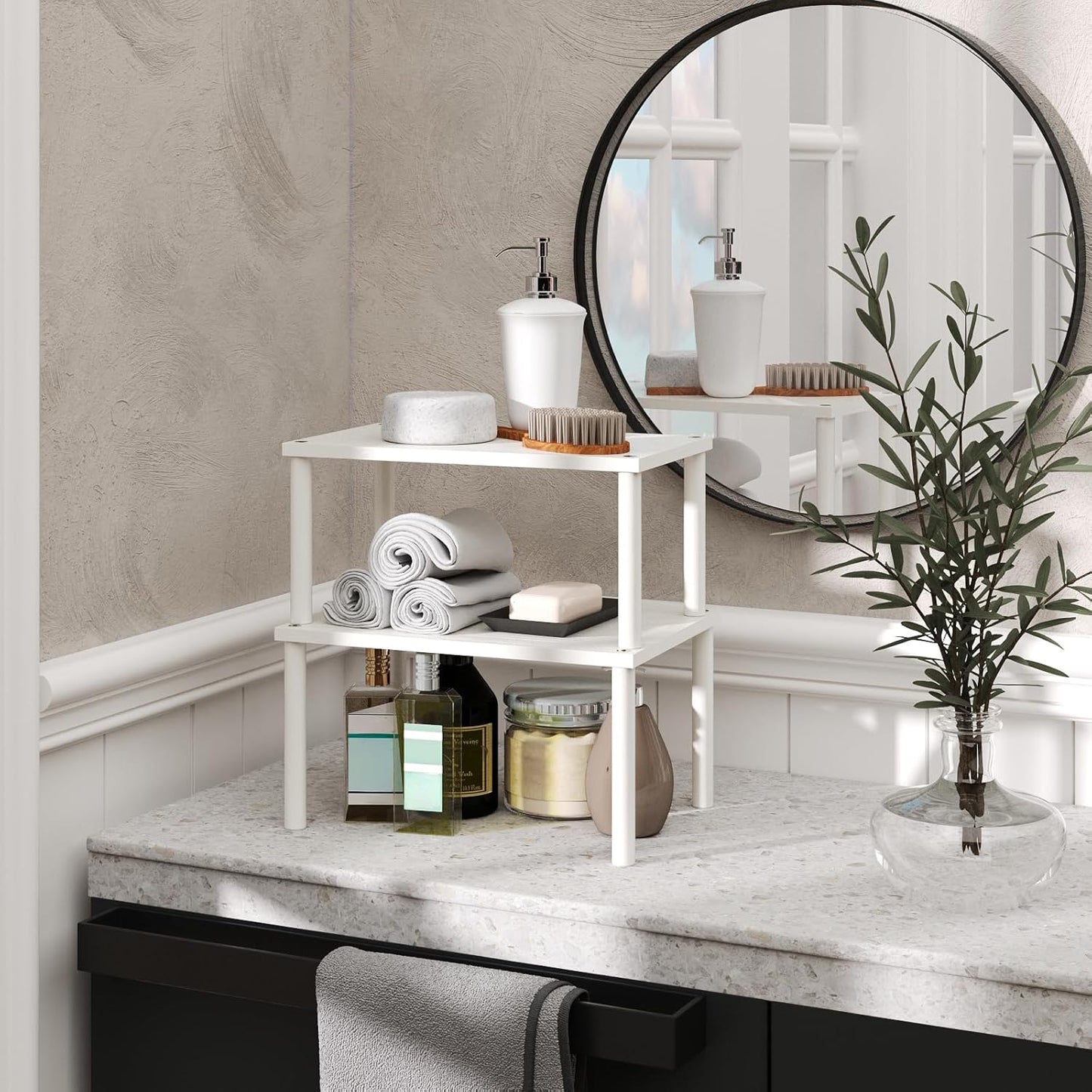 Cabinet Organizer Shelf(Set of 2),Kitchen Counter Shelves,Bamboo Spice Rack Countertop and Cabinet,Stackable Expandable,Medium,(White)