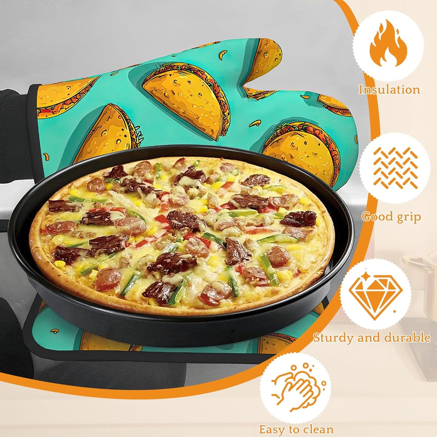 Mexican Taco Oven Mitts and Pot Holders Set,Kitchen Oven Gloves and Pot Holder with Heat Resistant Non Slip for Cooking Baking Grilling(4 Piece Set)