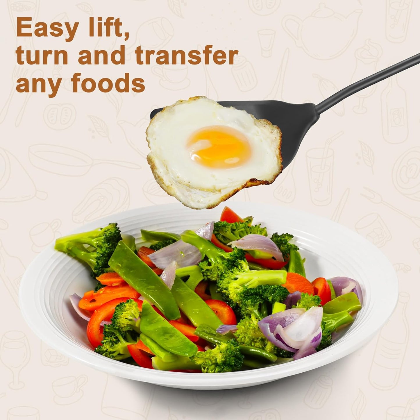 FJNATINH Silicone Spatulas and Turner Set - Stainless Steel Wok Tools, Wok Utensil, Non Stick Turners, Heat Resistant Rubber Spatulas for Fish, Eggs, Pancakes, Wok, Black of 2