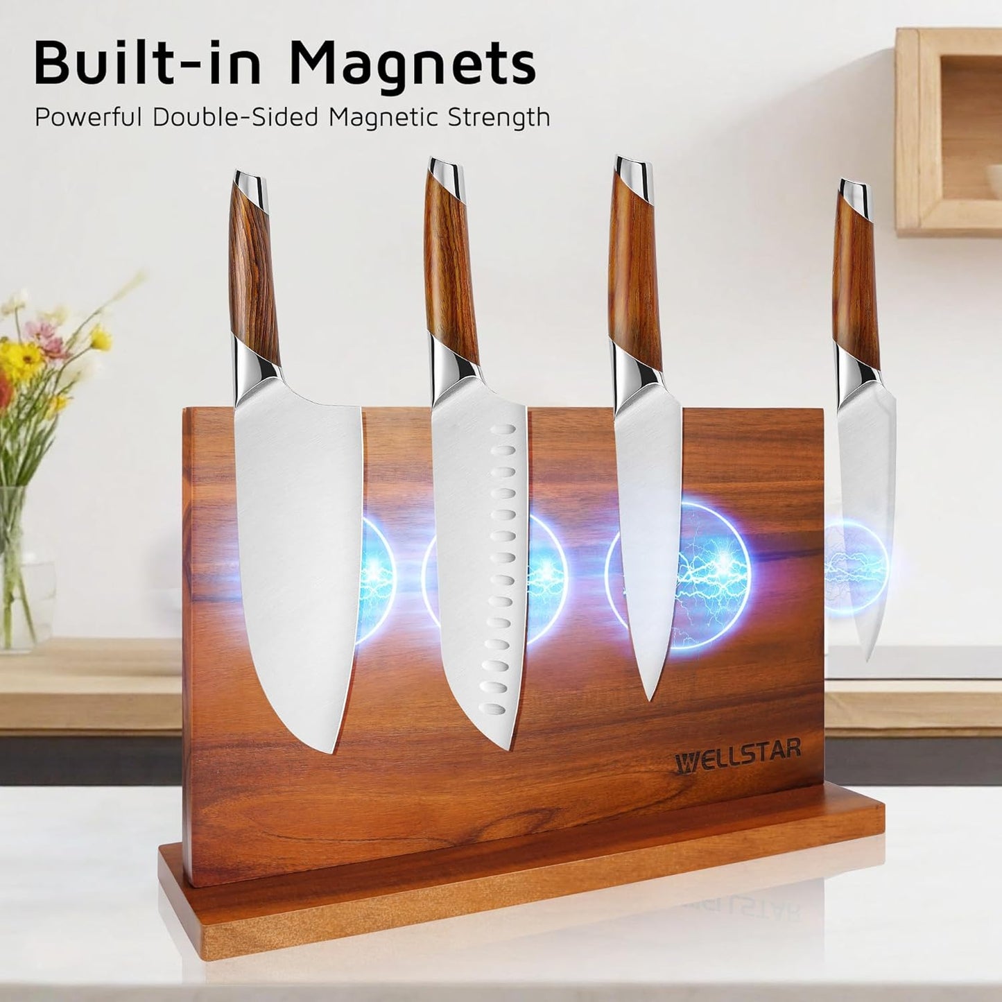 Modern Acacia Magnetic Knife Block Holder 16 x 10 Inches, Extra Large Dual-Sided Strong Magnet Wood knives Stand, Luxurious Kitchen Counter Rack Organizer for a Stable and Stylish Cutlery Display