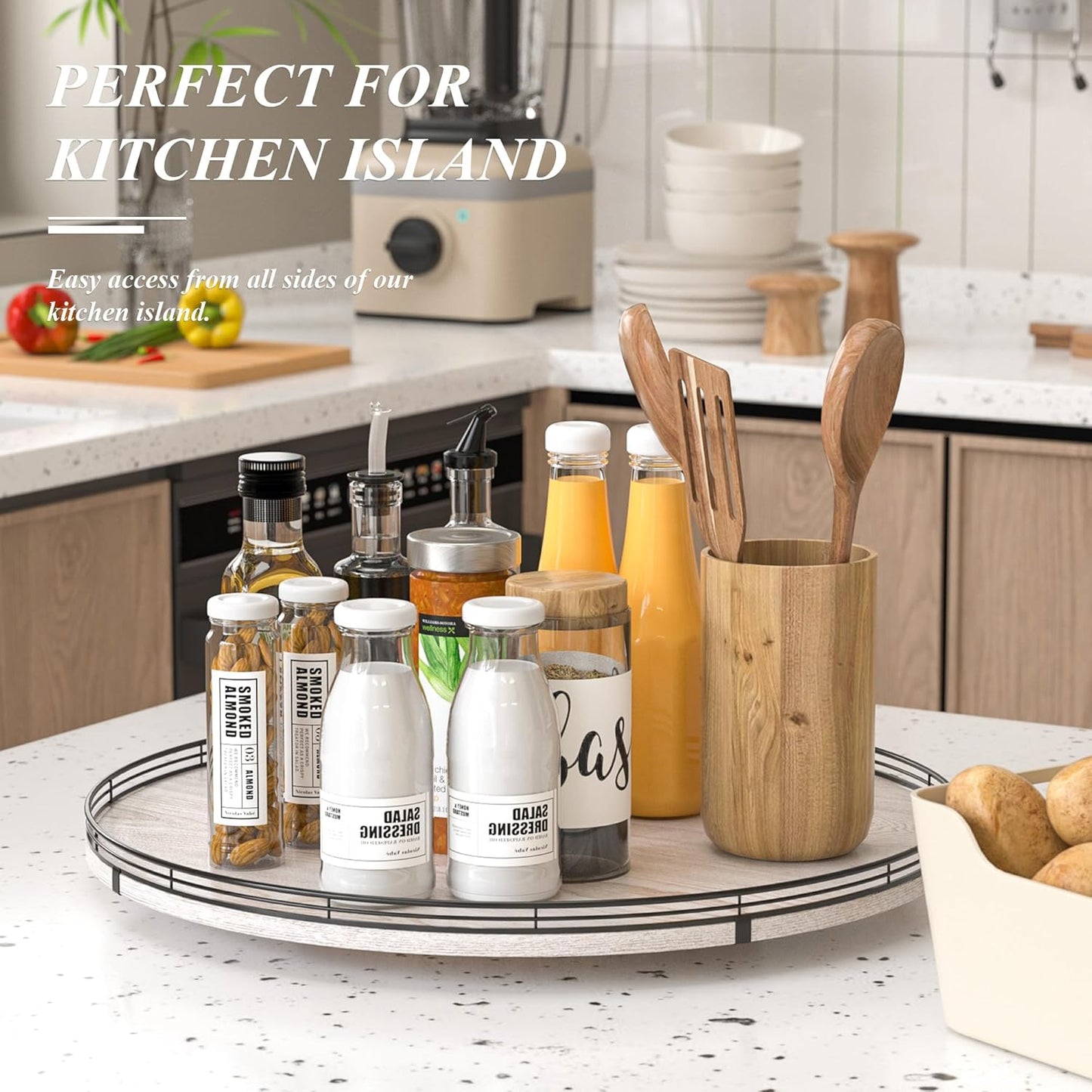 24" Lazy Susan Wood Turntable Organizer for Kitchen Decor, Farmhouse Round Wooden Larger Lazy Susan Organization and Storage for Cabinet, Dining Table, Pantry, Bathroom, Countertop, Centerpiece