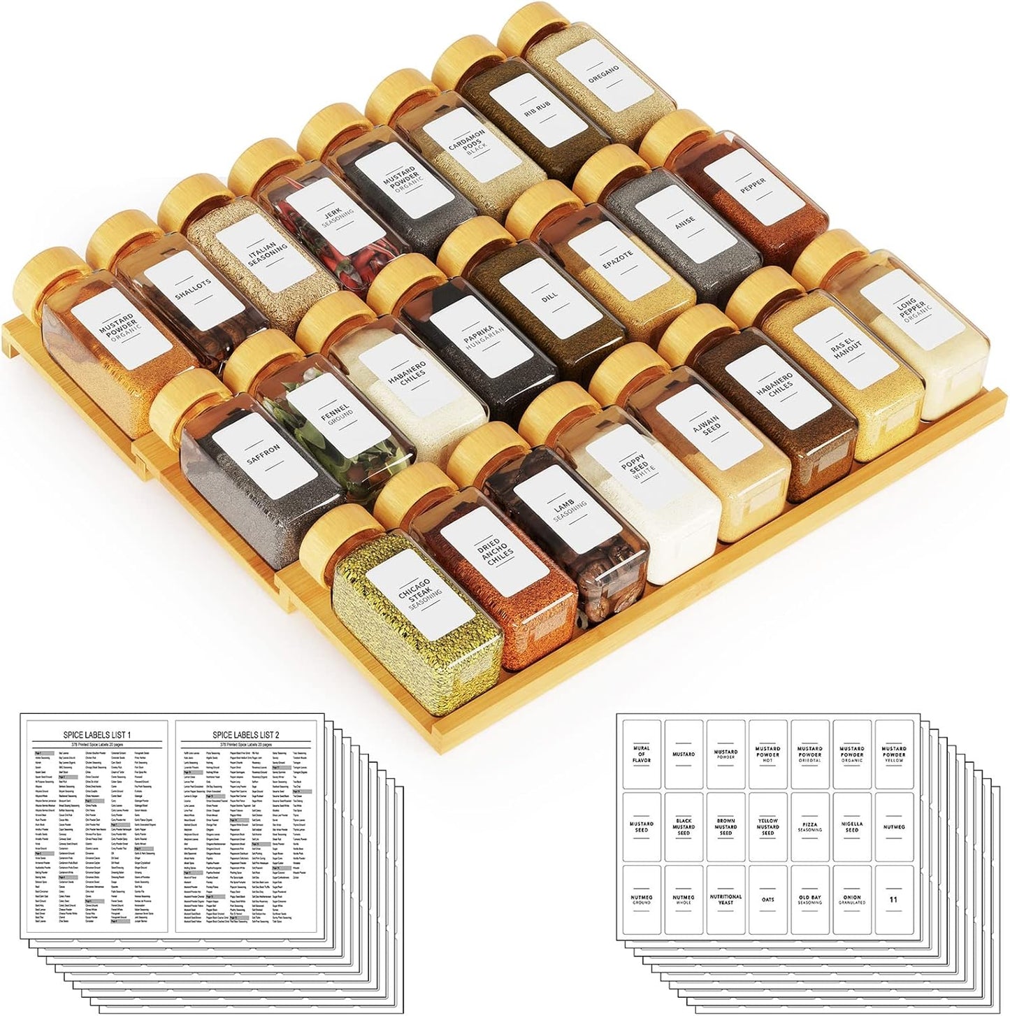 SpaceAid Bamboo Spice Drawer Organizer with 24 Spice Jars, 378 White Minimalist Spice Labels, 3 Tier Seasoning Rack Tray Insert for Kitchen Drawers, 15" Wide x 15" Deep x 2.6" Tall
