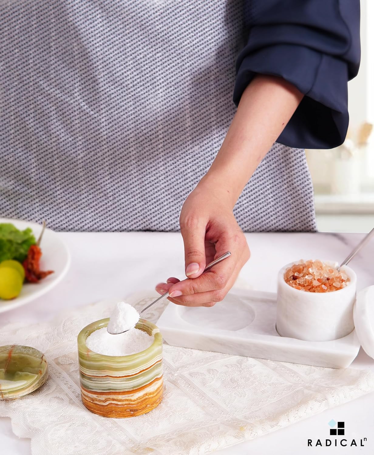 Radicaln Marble Salt Cellar With Lid and Tray 3" Inch White and Green Set of 2 Salt Container for Living Room, Ideal Salt Bowl For Kitchen countertop