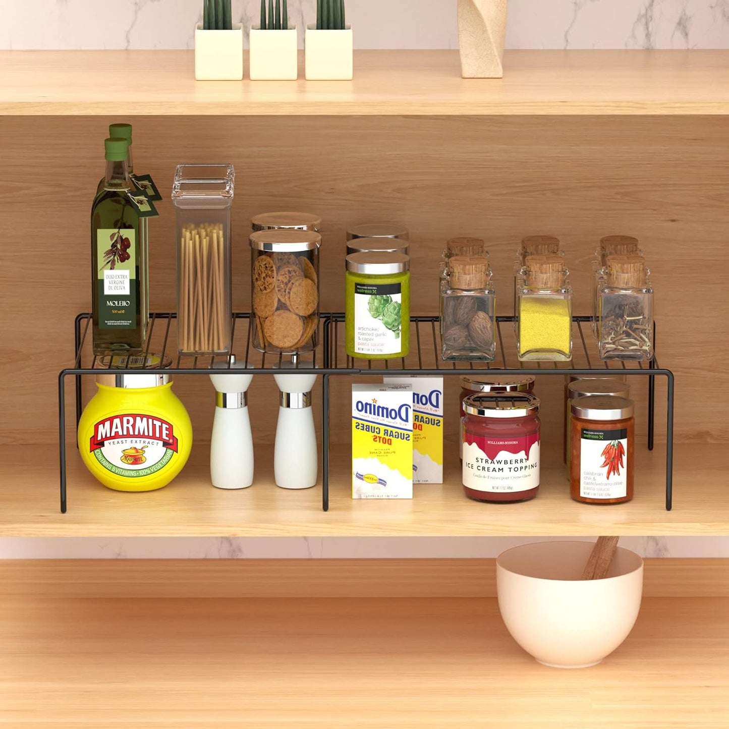 Redrubbit Cabinet Storage Shelf Rack, Expandable Metal Rustproof Kitchen Counter and Cabinet Shelf, Storage Rack Organizer Space Saver for Kitchen, Fridge, Cabinet, Bathroom, Black, Set of 6