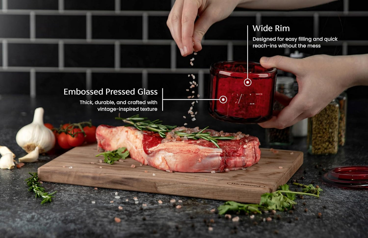 KooK Glass Salt Cellar, with Lid, Embossed Pressed Glass, Clear Storage Container, for Coffee, Sugar, Spices and Candies, 10 oz (Ruby Red)