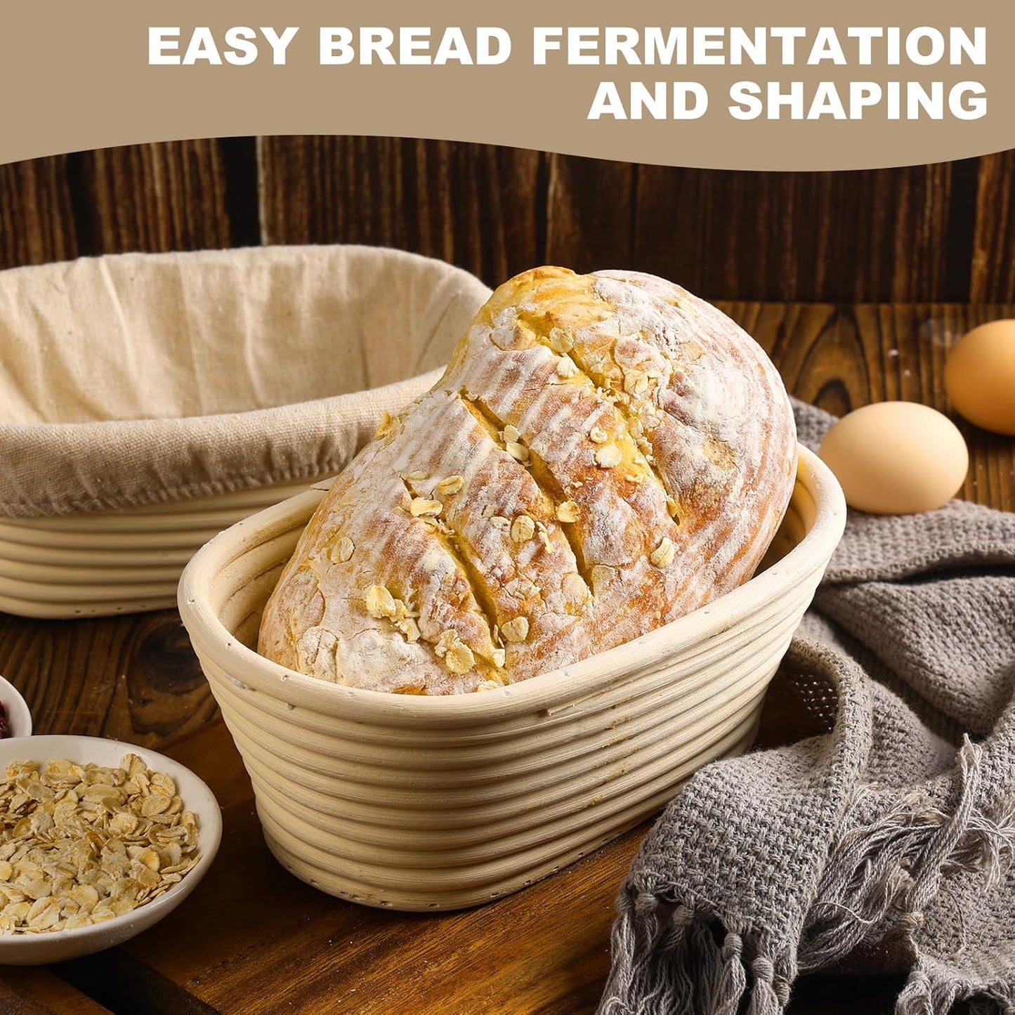 Banneton Bread Proofing Basket - Banneton Basket Set of 4 Pack 8 inch Oval Sourdough Proofing Basket with Liner - Handmade Rattan Proofing Rising Bowl for Artisan Bread Making Baking Supplies