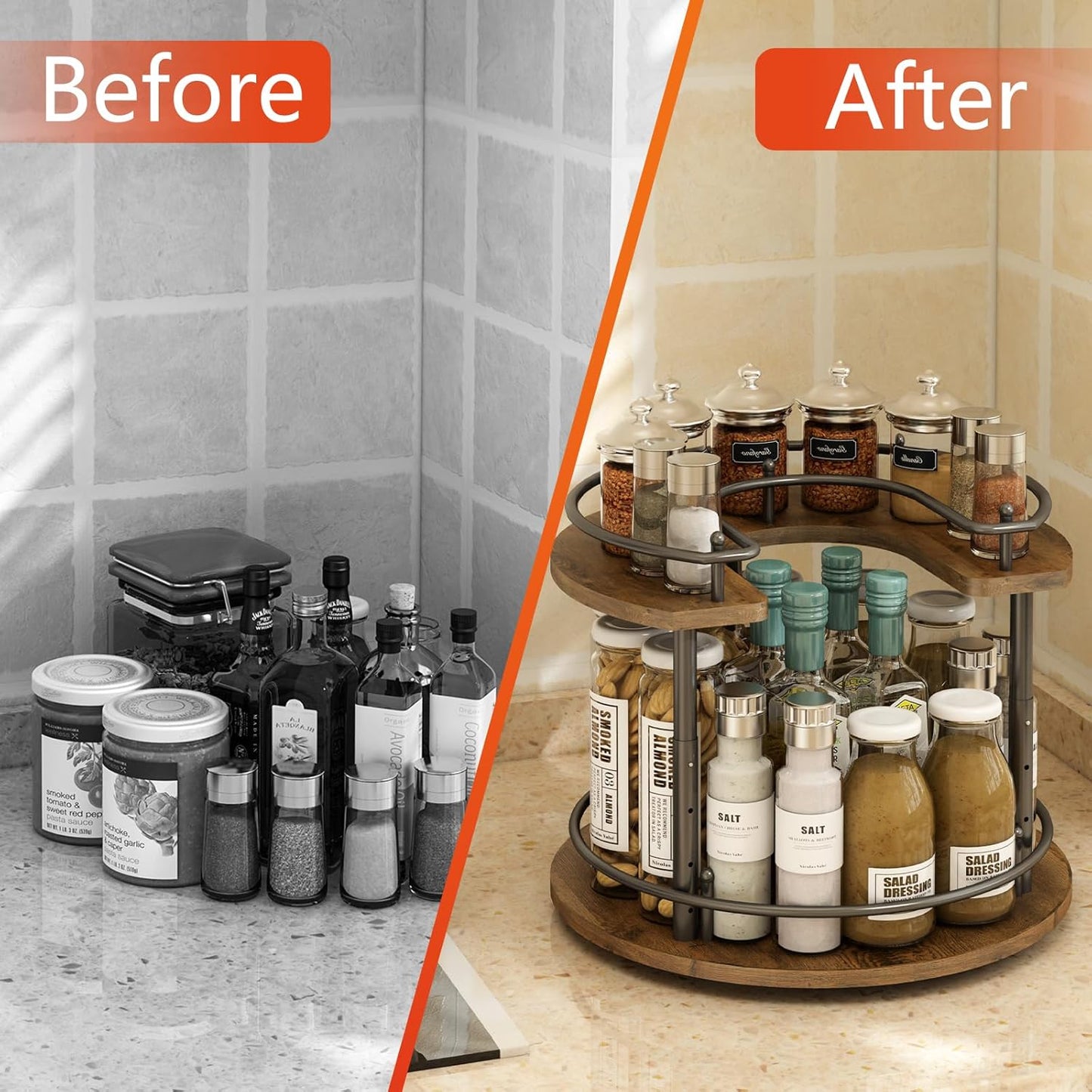 2 Tier Lazy Susan Organizer,2-Tier Spinning Spice Rack with Stable Carousel Base & 4 Height Settings for Cupboard Kitchen Countertop Dining Table Cupboard (Round)