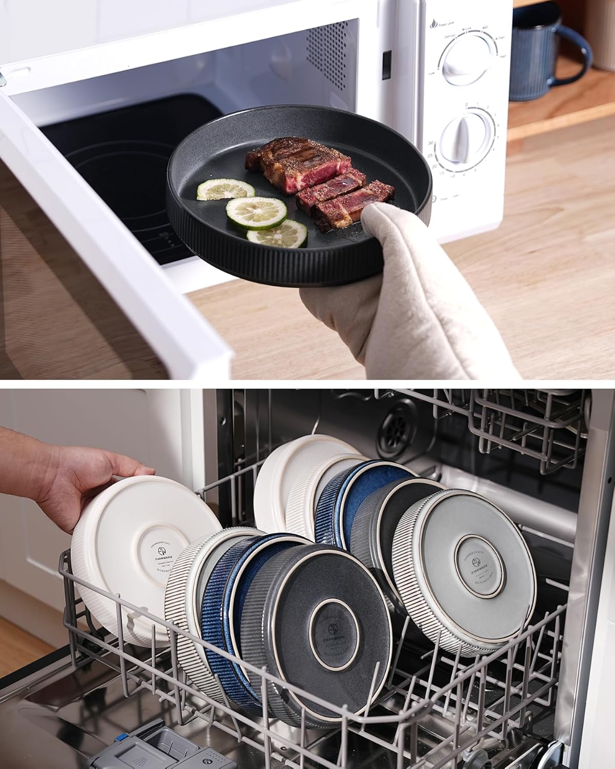 famiware Star 8.25" Pasta Bowls, Large Dinner Bowls Set of 4, Salad Bowl Plates, Shallow Bowls for Eating, Matte Dark Charcoal (Full Glaze)