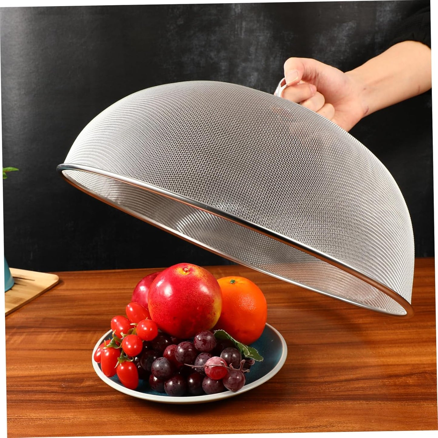 Hemoton Stainless Steel Mesh Dome Food Cover Protector, Round Mesh Screen Food Tent for Kitchen, Outdoor, Picnic, Reusable, Large, Black, 15.7-Inch (Silver L)