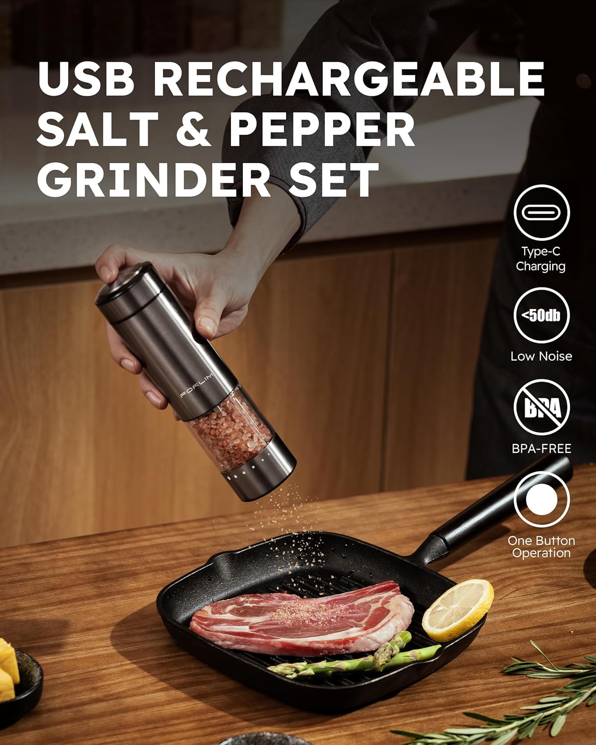 FORLIM Rechargeable Electric Salt and Pepper Grinder Set - Automatic One-Handed Operation Mill with Light (2 Mills) - Electronic Adjustable Shakers - Ceramic Grinder - Gunmetal Gray