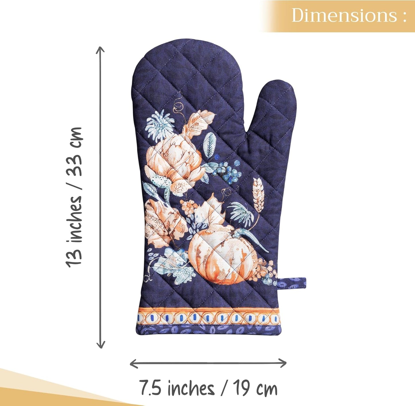 Maison d' Hermine Oven Gloves 100% Cotton Oven Mitt 7" x 13" with Loop Heat Resistant, BBQ, Cooking Gloves, Baking, Grilling, Kitchen, Handling Hot Pans (Pack of 1, Pumpkin Blues)