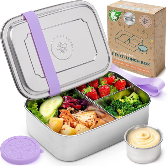 Everusely - Bento Box - Lavender, 47oz / 1.4 L - Stainless Steel Lunch Box with Leakproof Condiment Container - 3 Compartment Snack Organizer for On the Go Meals - Freezer & Dishwasher Safe