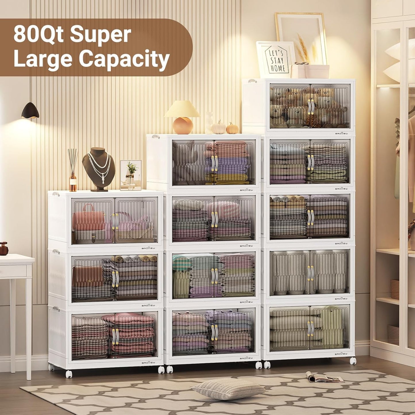 320Qt Stackable Storage Bins with Lid, Extra Large Closet Organizer Collapsible Drawer Boxes with Wheels, Folding Plastic Cabinet Containers for Home Kitchen Room Organization, 4Pack White