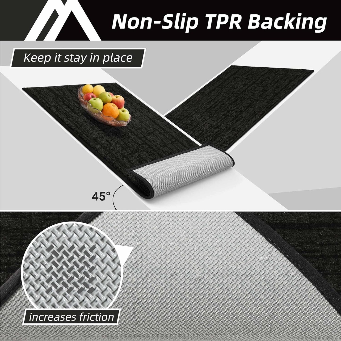 COSY HOMEER Kitchen Rugs Non Slip Washable 24"x36"+24"x60" Absorbent Soft Kitchen Mats for Floor Polyester Kitchen Runner Rug Sets of 2 Kitchen Floor Mats for Sink Mat,Hallway,Laundry,Black