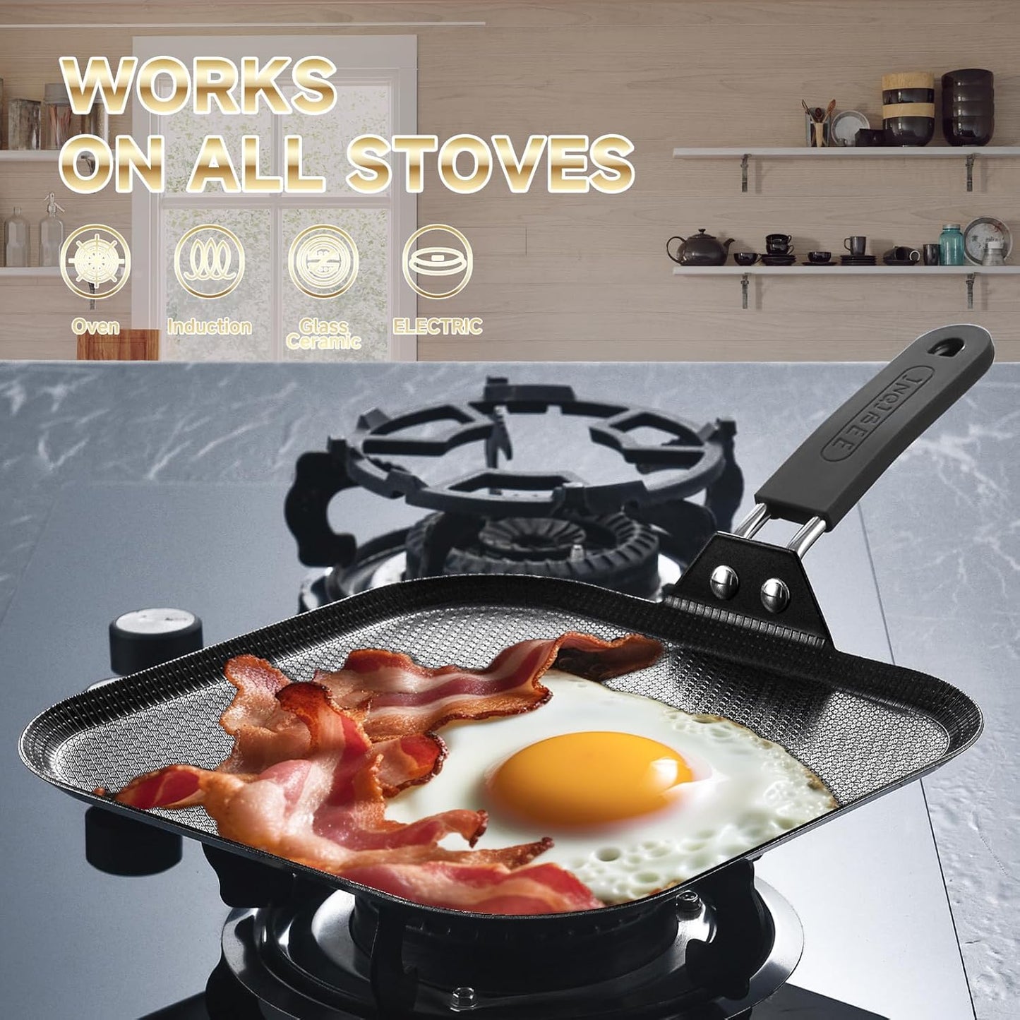 Inqibee 11 Inch Tri-ply Stainless Steel Square Griddle Pan,Hybrid Ceramic Nonstick Pancake Pan,Anti-scratch,Silicone Heat-resistant Black Handle,Dishwasher and Oven Safe