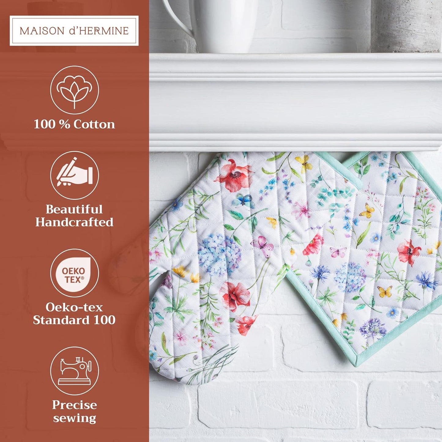 Maison d' Hermine 100% Cotton Oven Mitt & Pot Holder Set (7.5"x13" & 8"x8") Heat Resistant BBQ Cooking Gloves with Loop, Baking, Grilling, Kitchen, Handling Hot Pans Spring/Summer (Just Floral)