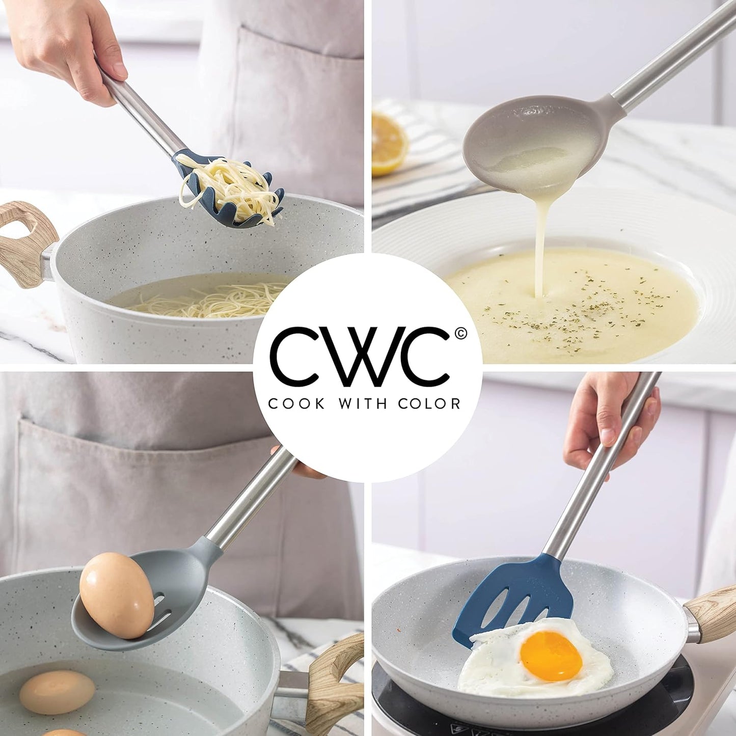 COOK WITH COLOR Silicone Cooking Utensils, Kitchen Utensil Set, Easy to Clean Silicone Kitchen Utensils, Cooking Utensils for Nonstick Cookware, Kitchen Gadgets Set, 5 Pieces, Red