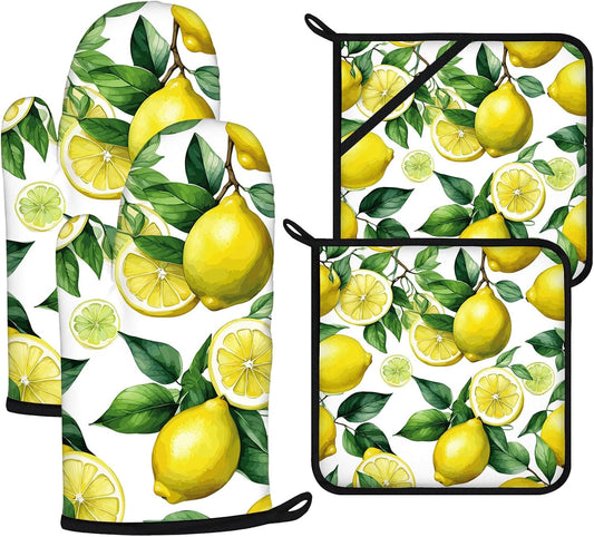 Lemon Oven Mitts and Pot Holders Sets 4Pcs,Extra Long Oven Gloves Potholder for Kitchen Cooking Baking BBQ 100% Cotton Heat Resistant