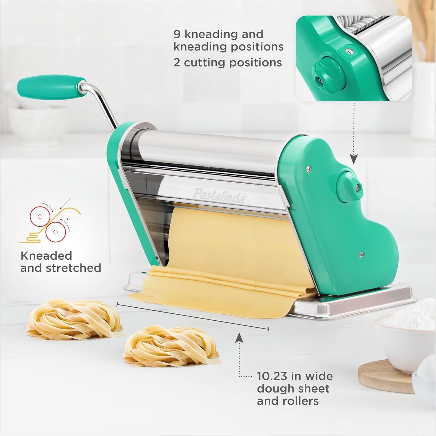 PASTALINDA Classic 260 Pasta Maker Machine, 26 cm Wide Rollers, 9 Thickness Positions, 2 Cutting Positions, Stainless Steel. Includes Reinforced Hand Crank And Two Clamps (Green)