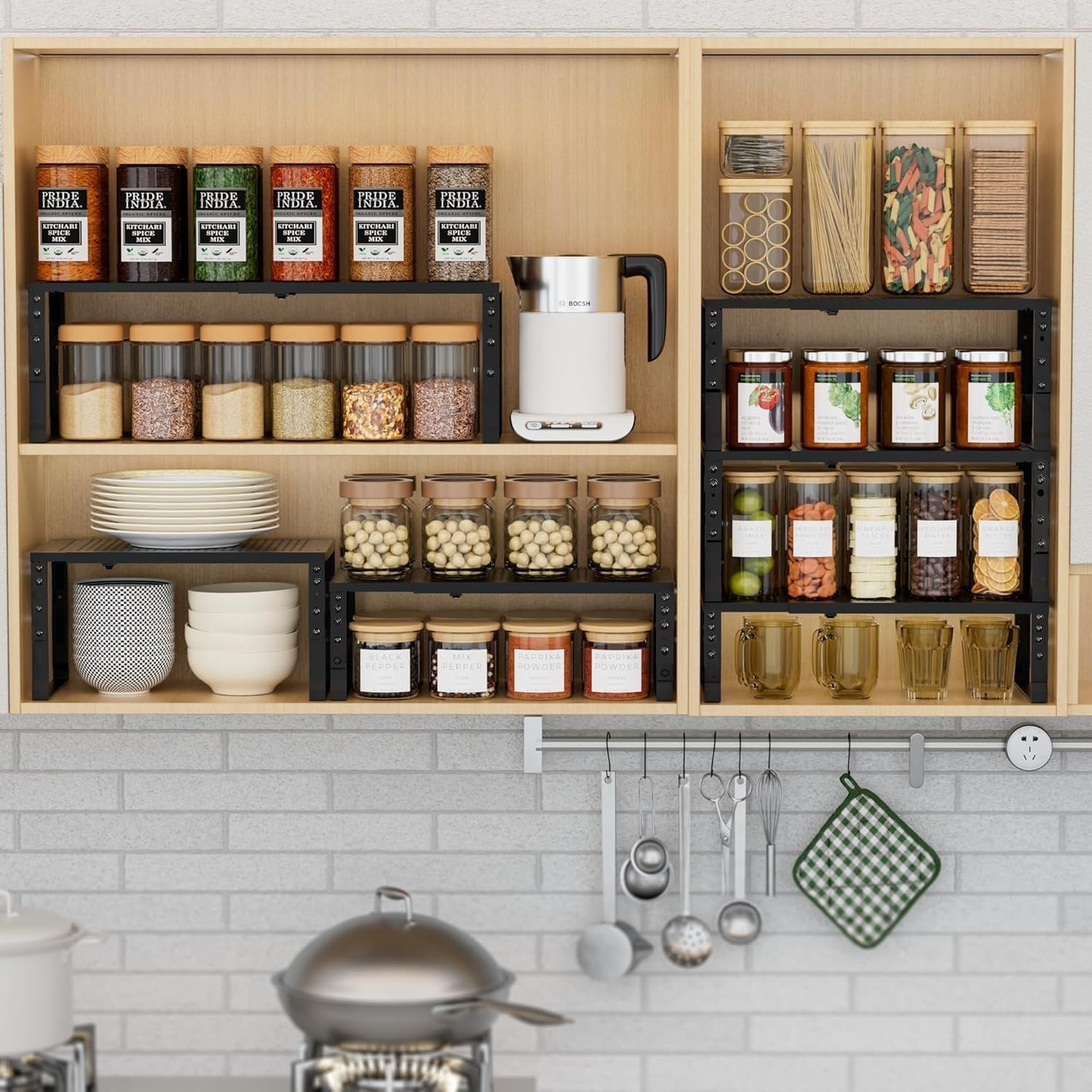 Expandable Spice Rack Kitchen Cabinet Shelf Organizer, Stackable Storage Shelves Racks, Adjustable Counter Shelving for Cabinets, Countertop, Cupboard,Pantry and More.(1Pack/Black/Medium)